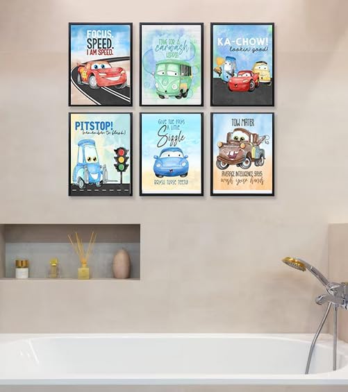 Colorful Cars Movie Themed Bathroom Wall Art Print Decor, Bath Reminders