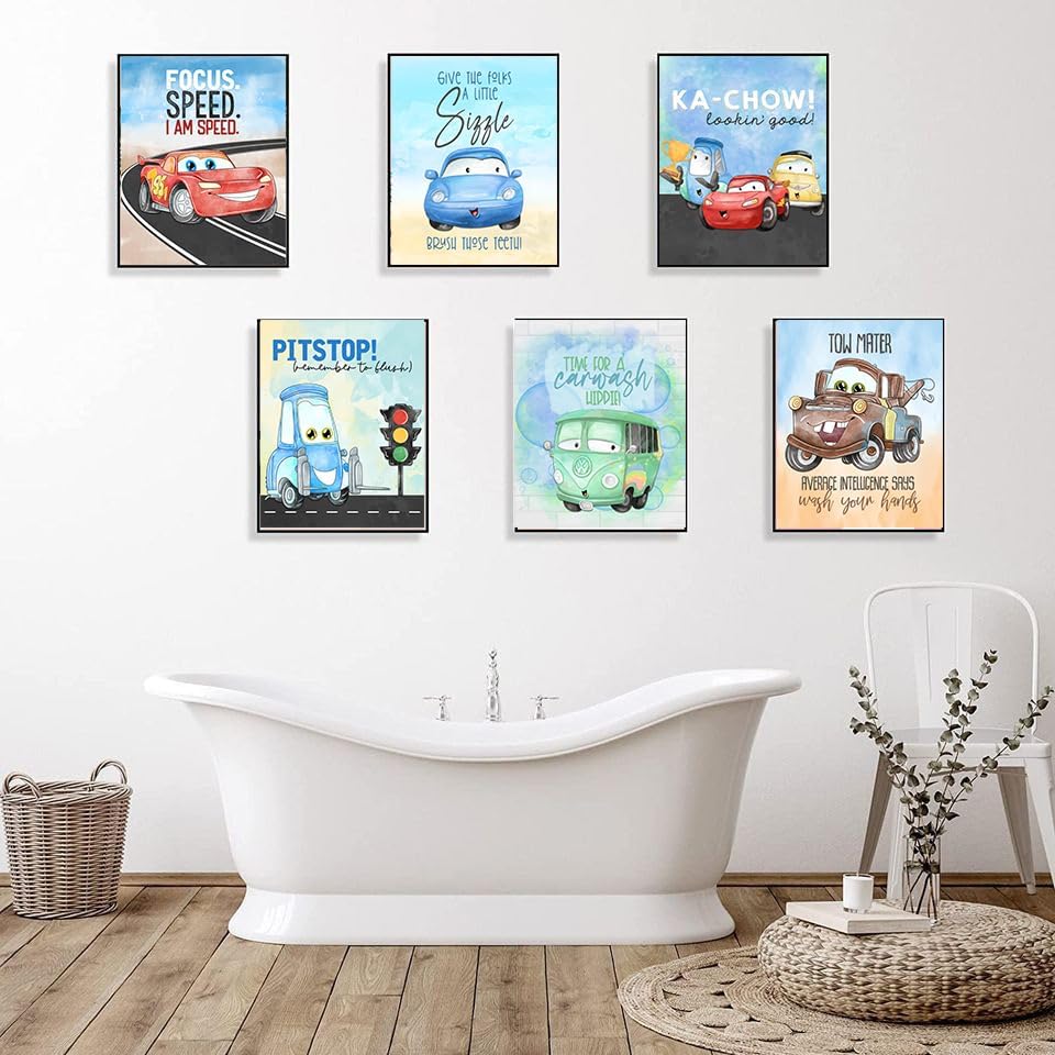 Colorful Cars Movie Themed Bathroom Wall Art Print Decor, Bath Reminders