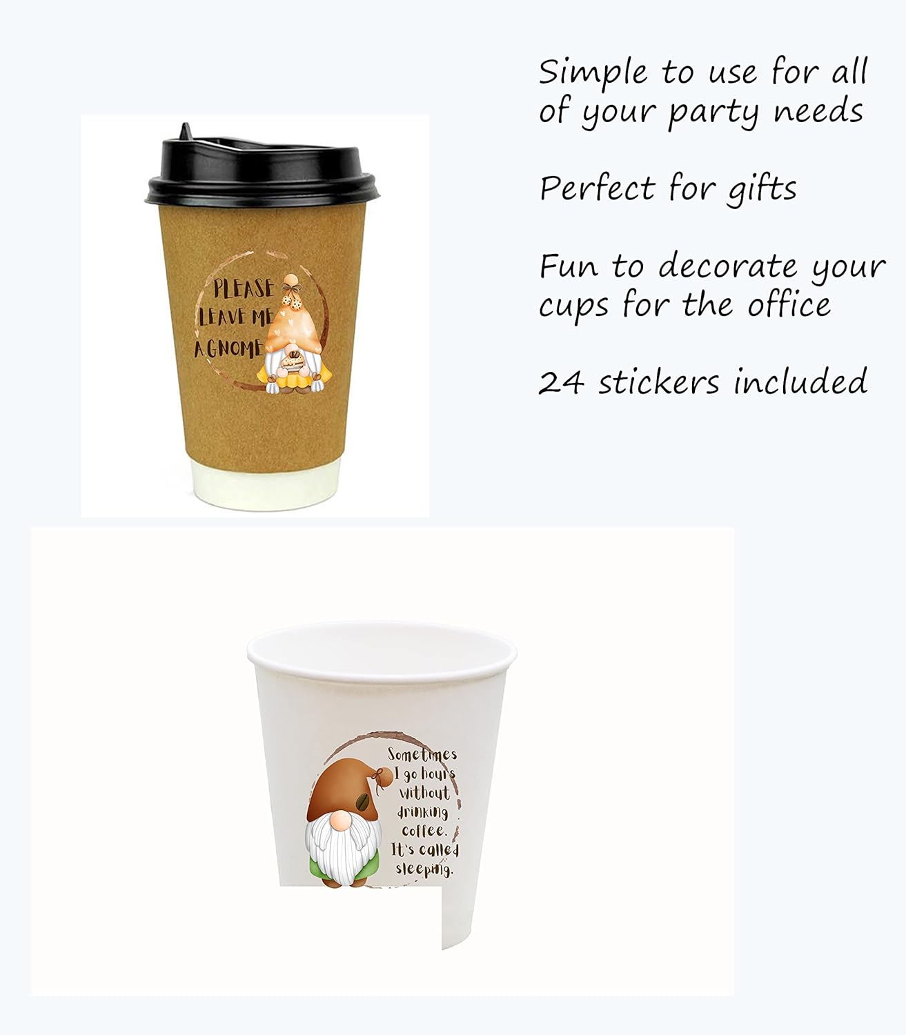 Coffee Gnome - Stickers for Party, Notebook, Laptop, Crafts, Cup (Set of 24)