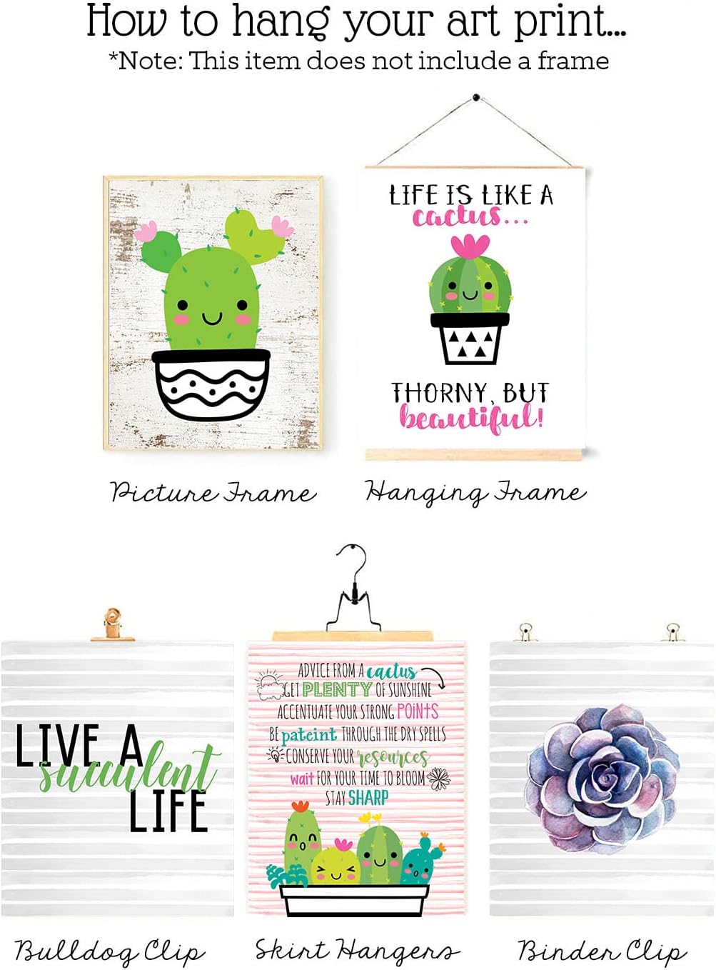 Adorable Cactus Succulent Uplifting Wall Art Decor Prints with Inspirational Sayings Kawaii