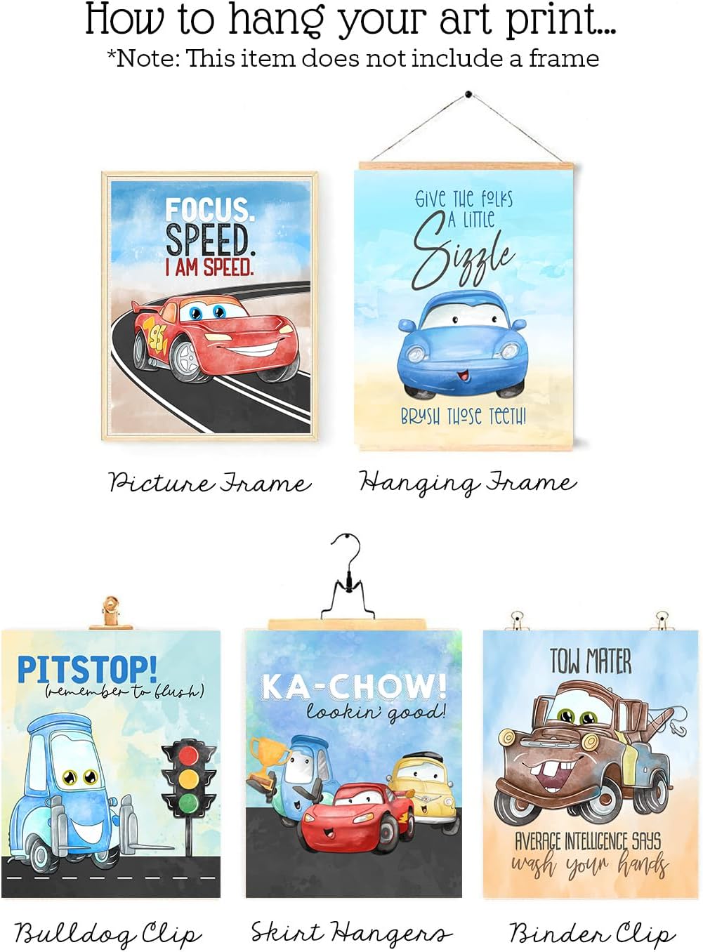 Colorful Cars Movie Themed Bathroom Wall Art Print Decor, Bath Reminders