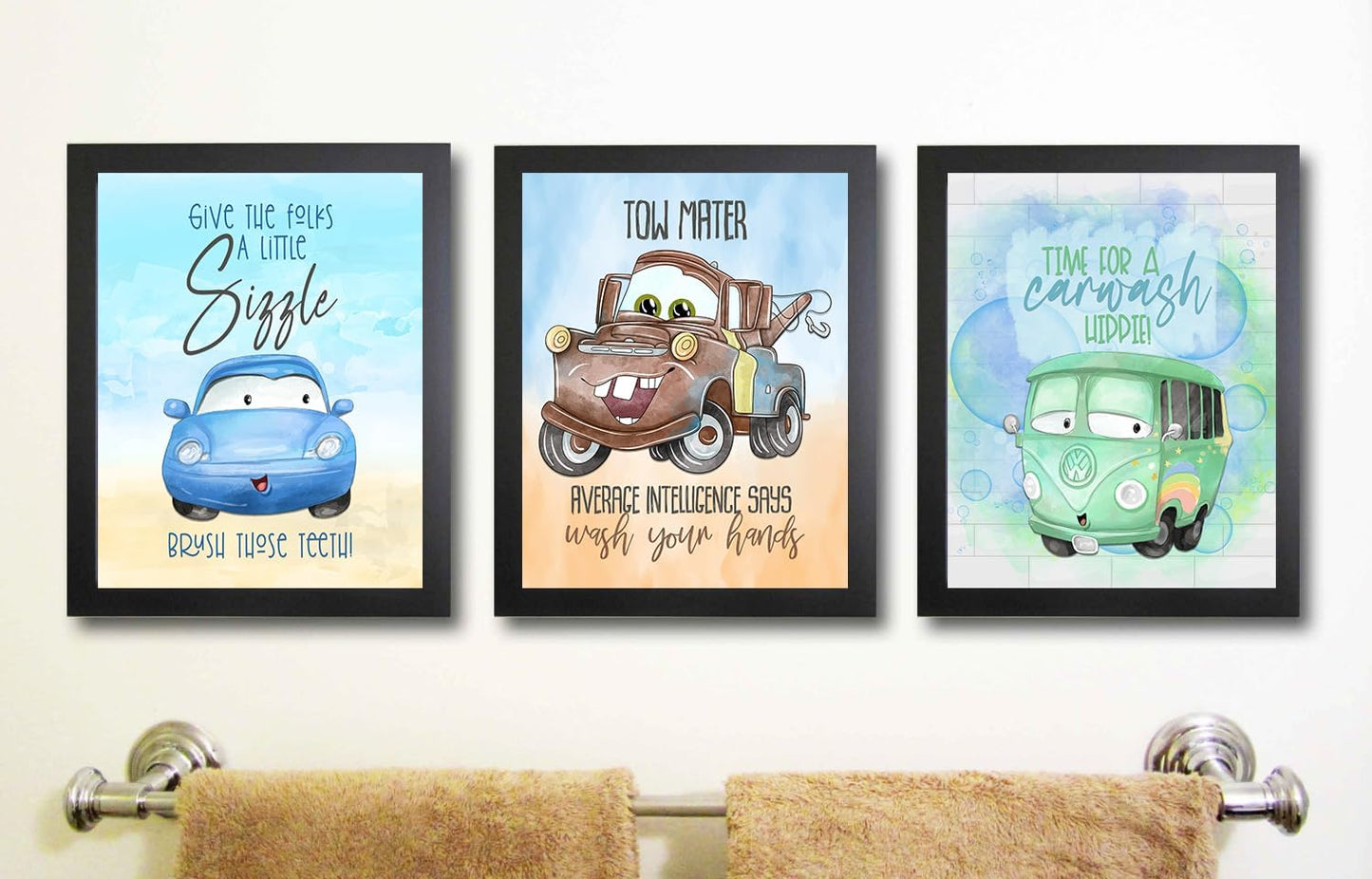 Colorful Cars Movie Themed Bathroom Wall Art Print Decor, Bath Reminders