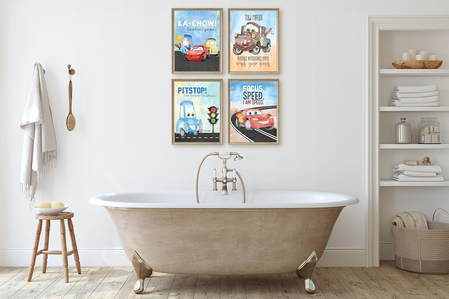 Colorful Cars Movie Themed Bathroom Wall Art Print Decor, Bath Reminders