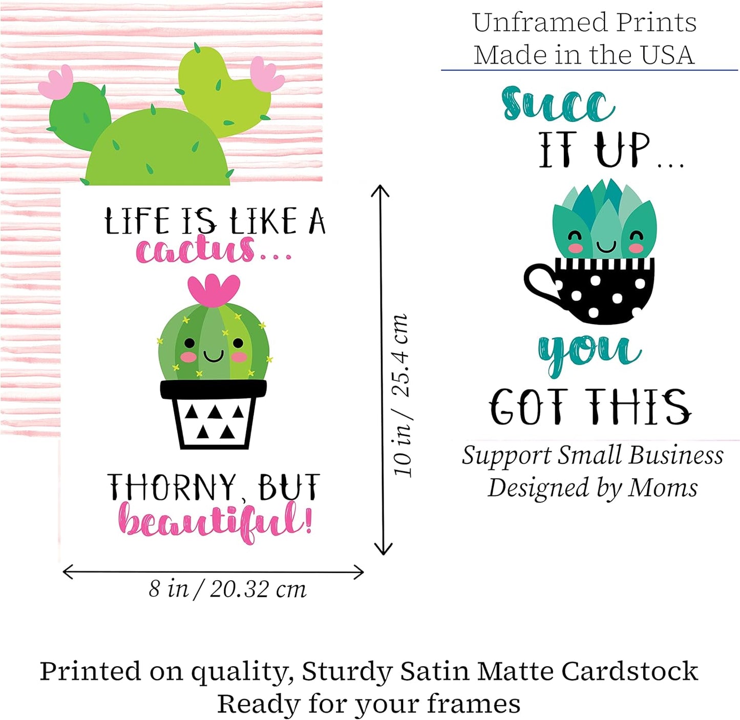 Adorable Cactus Succulent Uplifting Wall Art Decor Prints with Inspirational Sayings Kawaii