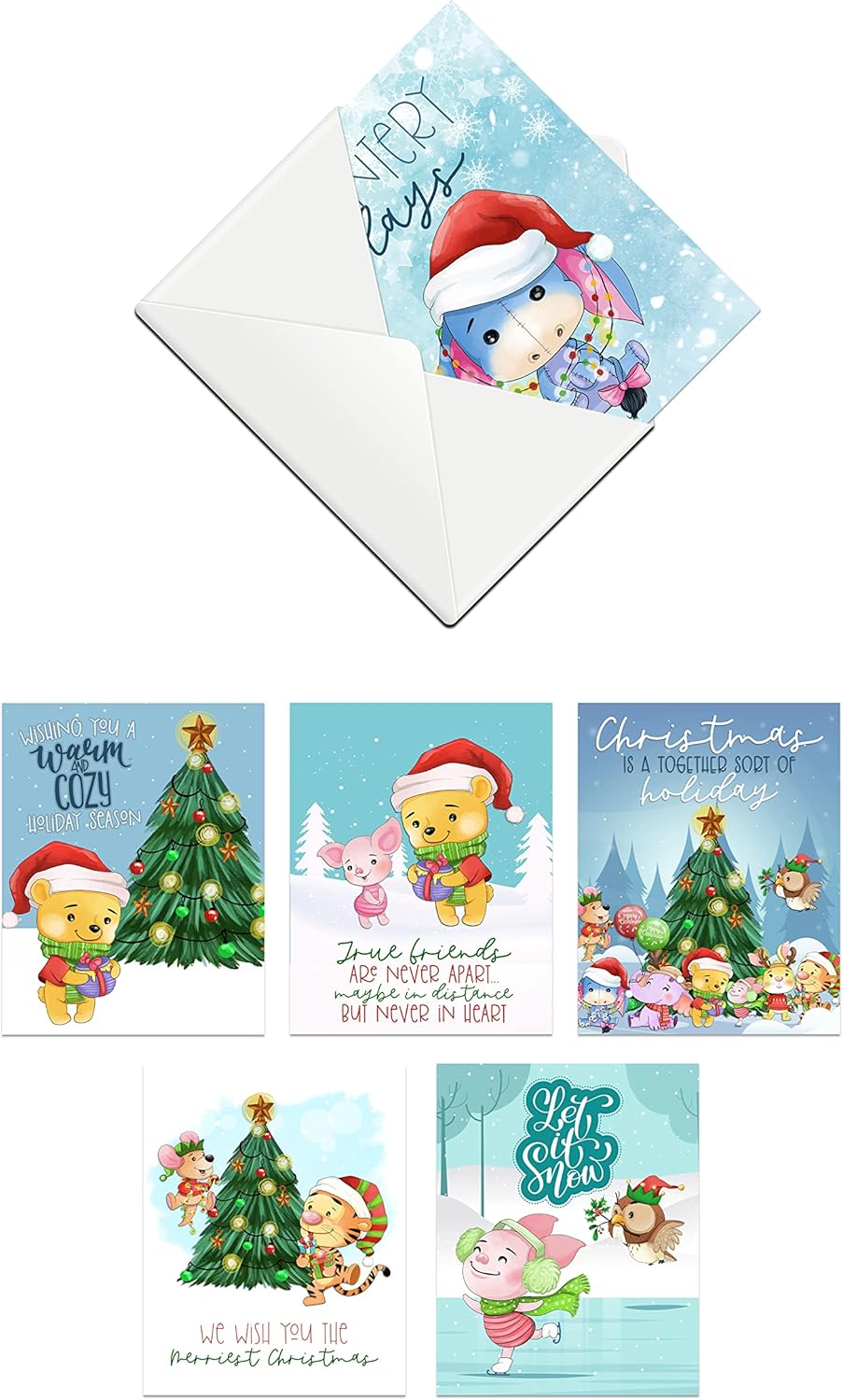 Pooh Bear Christmas Holiday Themed Greeting Card Set