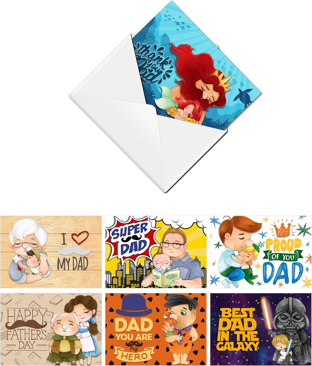 Greetings Cards for Dad, Hero Themed Cartoon Character Stationery Note Cards Set Best Dad In the Galaxy