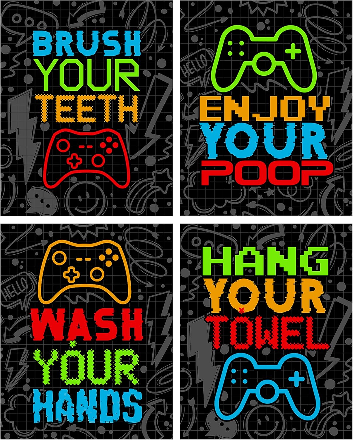 Neon Video Gamer Themed Bathroom Reminders Wall Art Print Decor