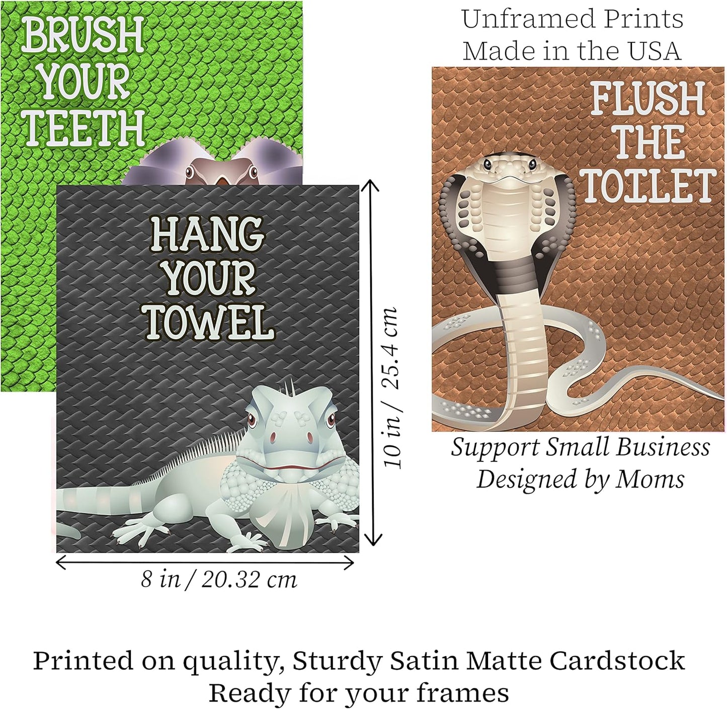 Reptile Themed Bathroom Reminder Wall Art Print Decor Set, Snake Lizard Frog Desert