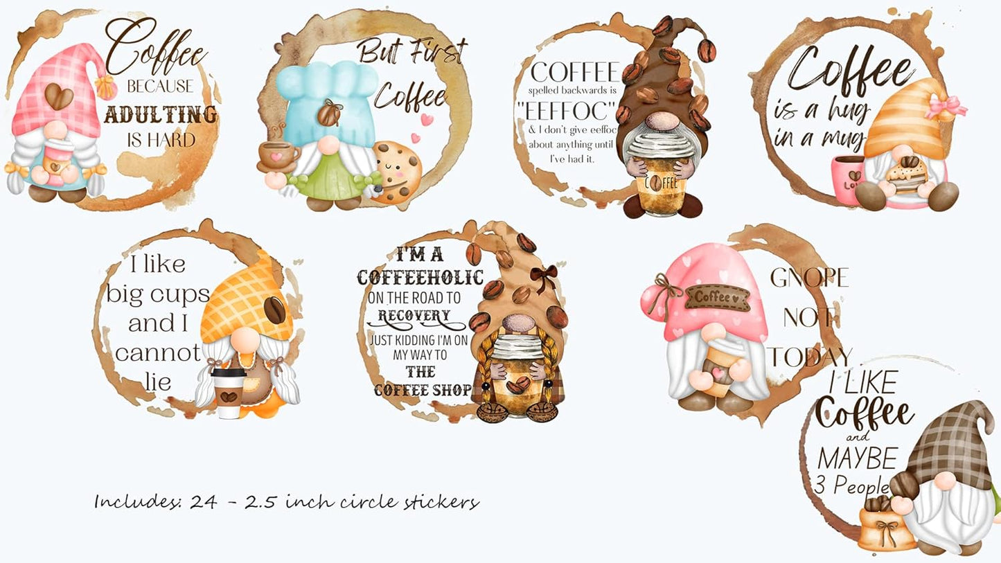Coffee Gnome - Stickers for Party, Notebook, Laptop, Crafts, Cup (Set of 24)