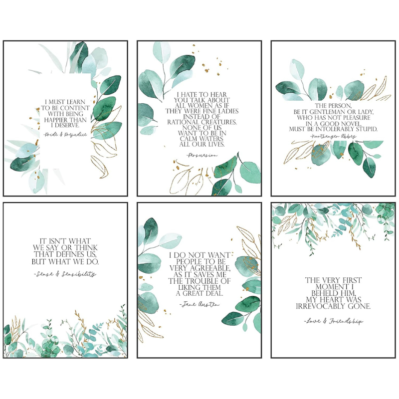 Jane Austen Book Quotes - Themed Wall Art Print Room Decor (Set of 6)
