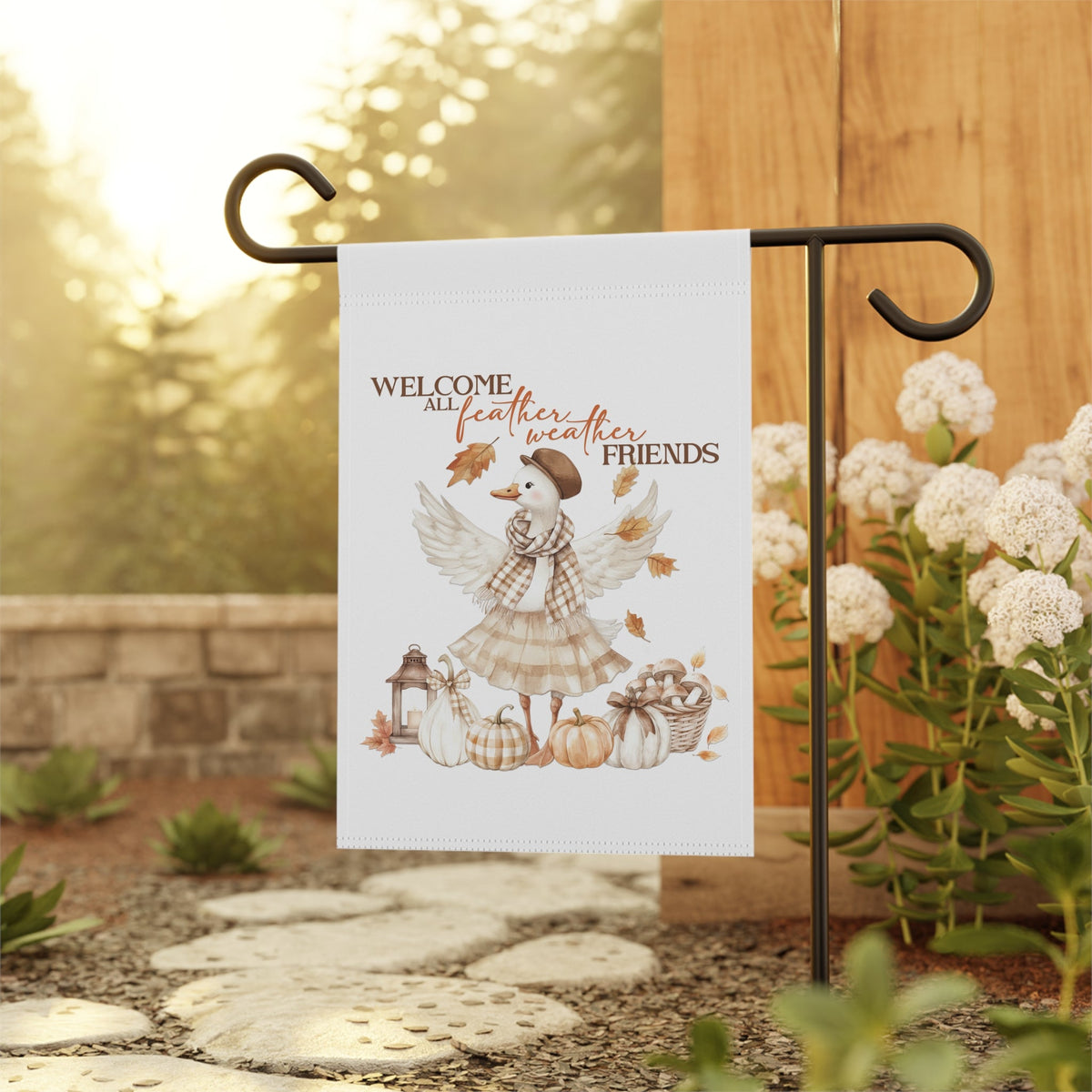 Silly Goose fall garden flag in seasonal autumn setting