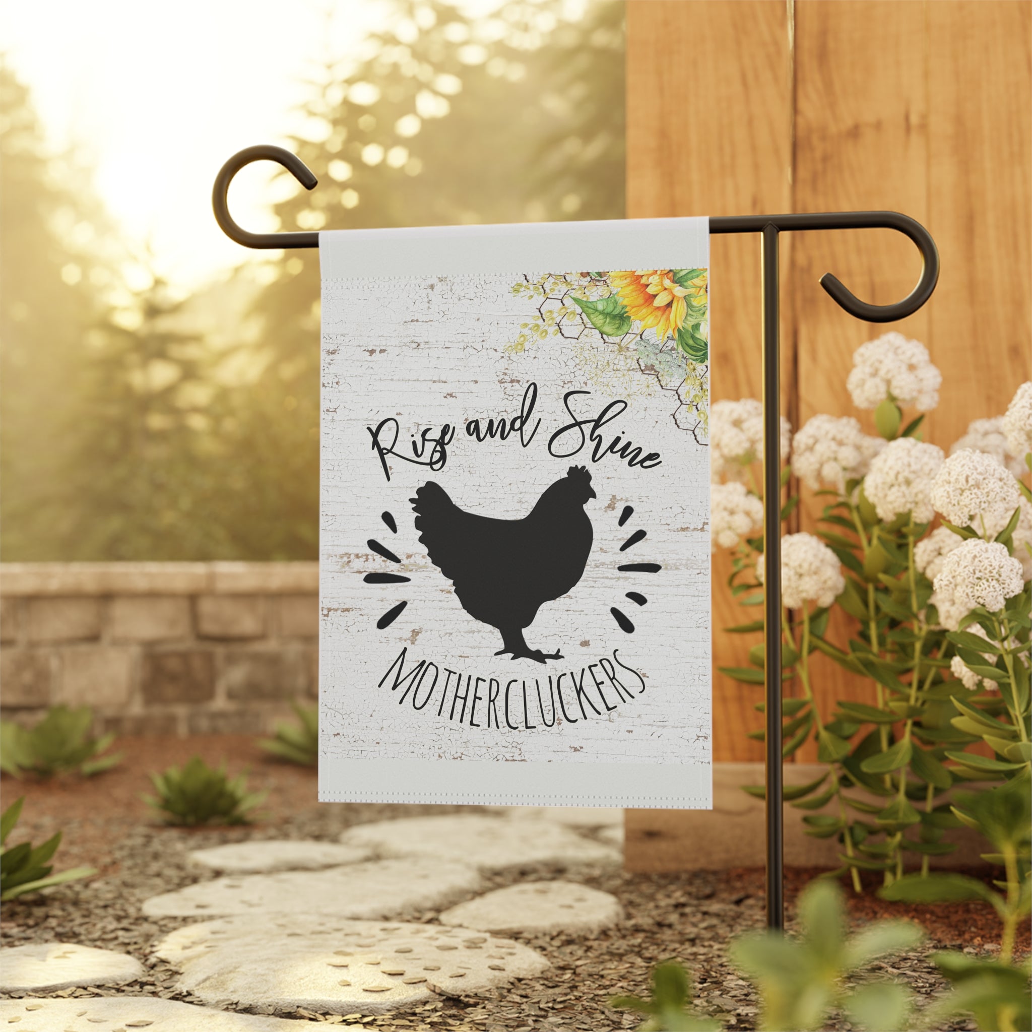 Sassy chicken farmhouse garden flag displayed outdoors at a chicken coop