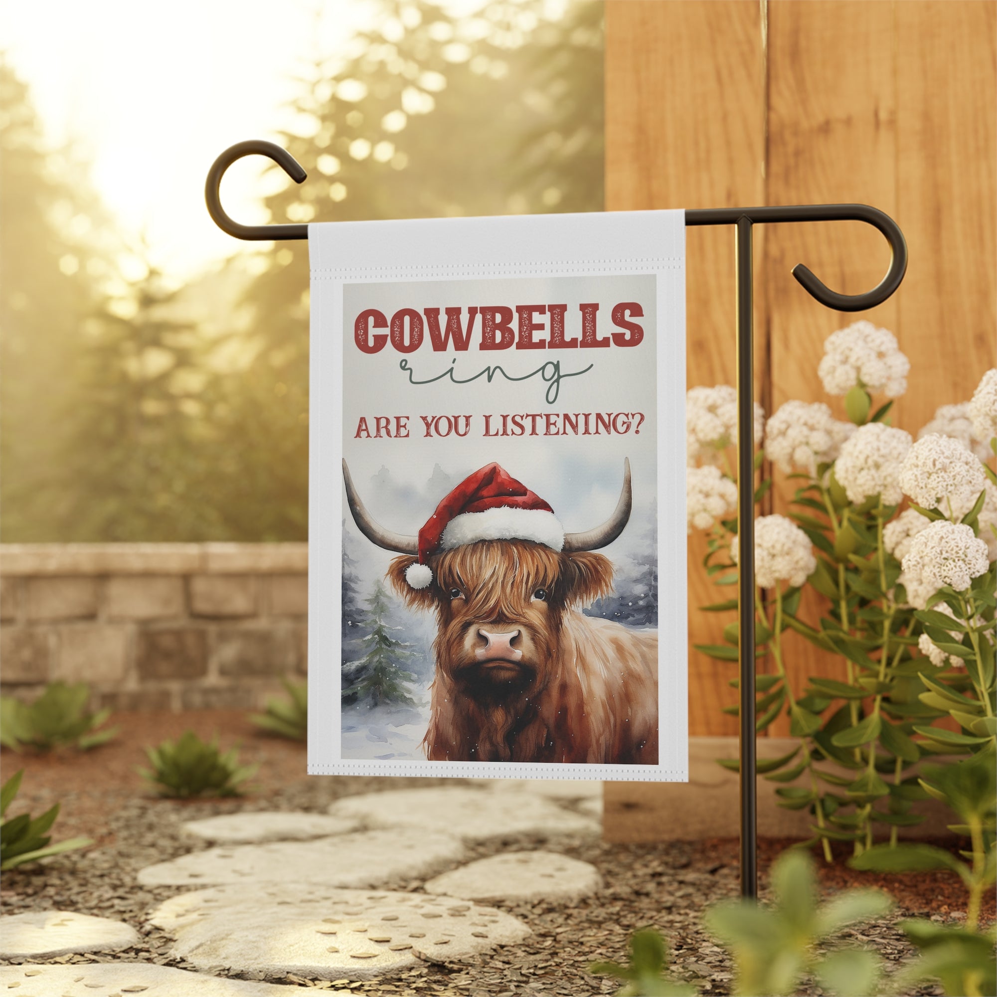 Cowbells Ring Are You Listening Christmas Highland Cow Garden Flag 12x18 House Yard Decor