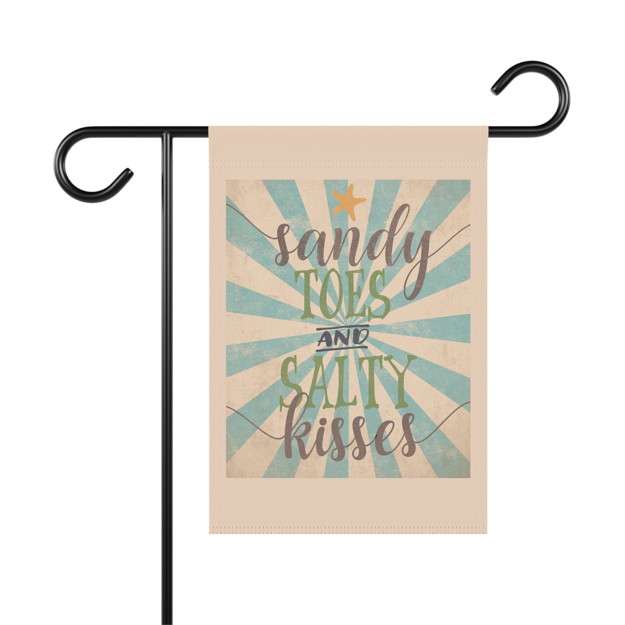 Sandy Toes Salty Kisses retro beach garden flag with coastal romantic typography