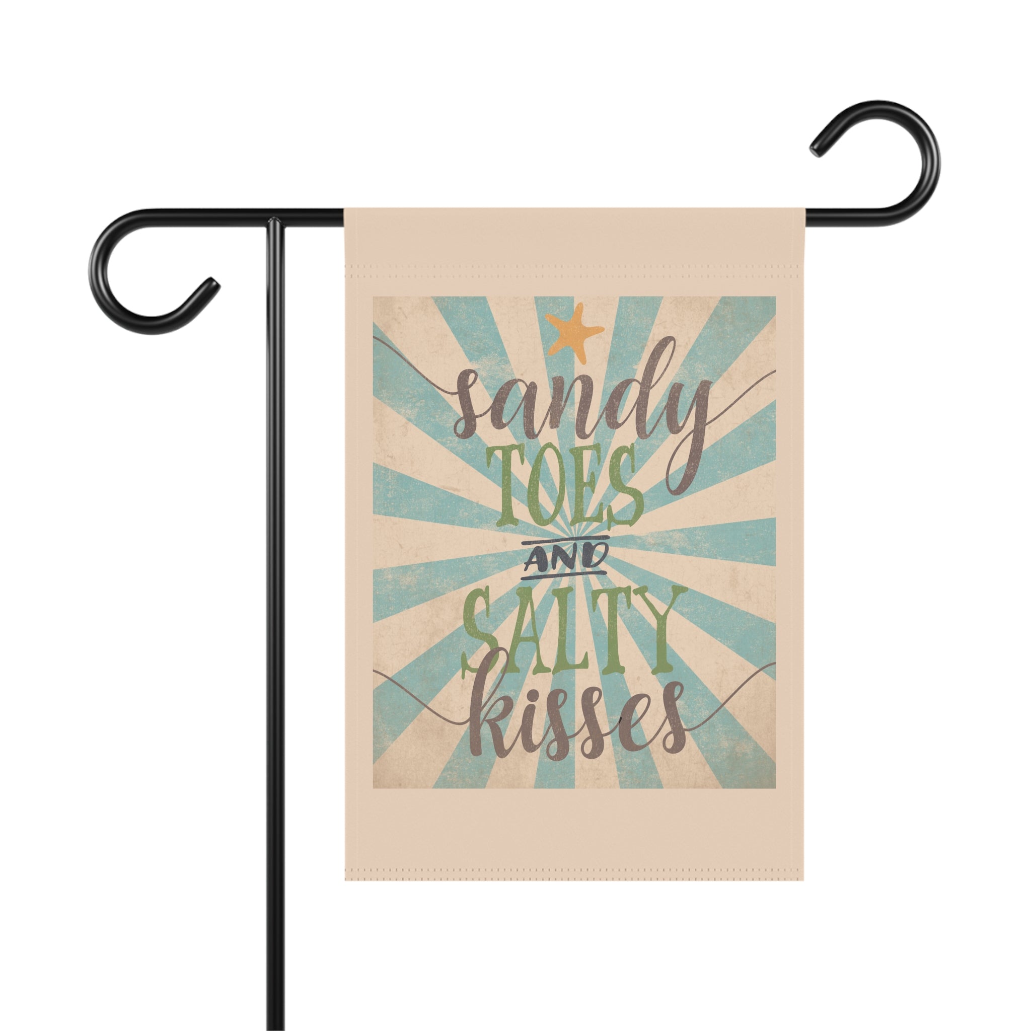 Sandy Toes Salty Kisses retro beach garden flag with coastal romantic typography