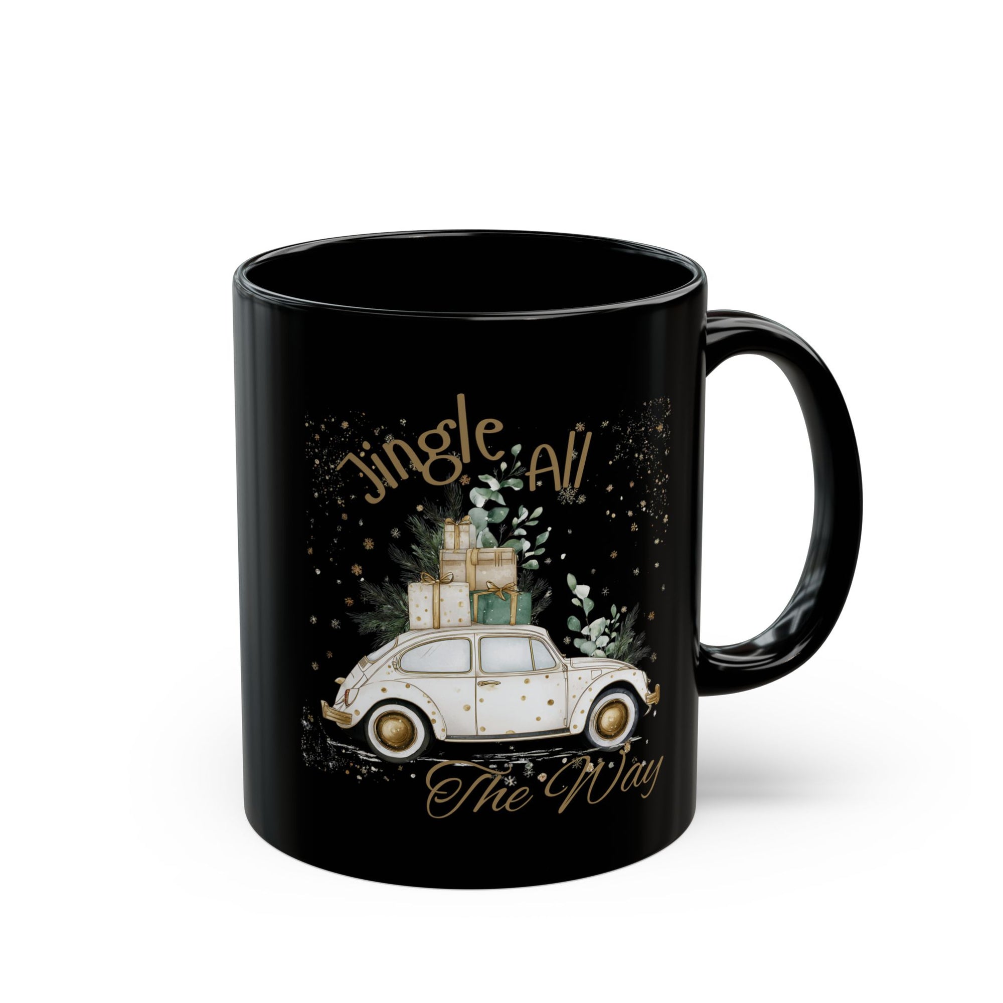 Jingle All The Way Retro Car Delivering Gifts - Black and Gold Mug