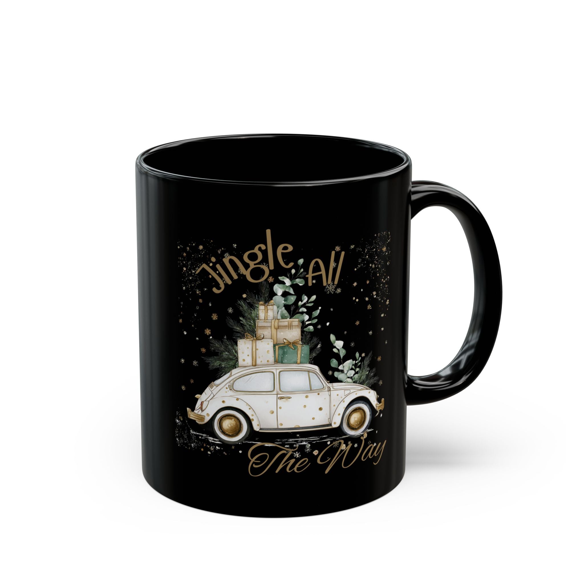Jingle All The Way Retro Car Delivering Gifts - Black and Gold Mug