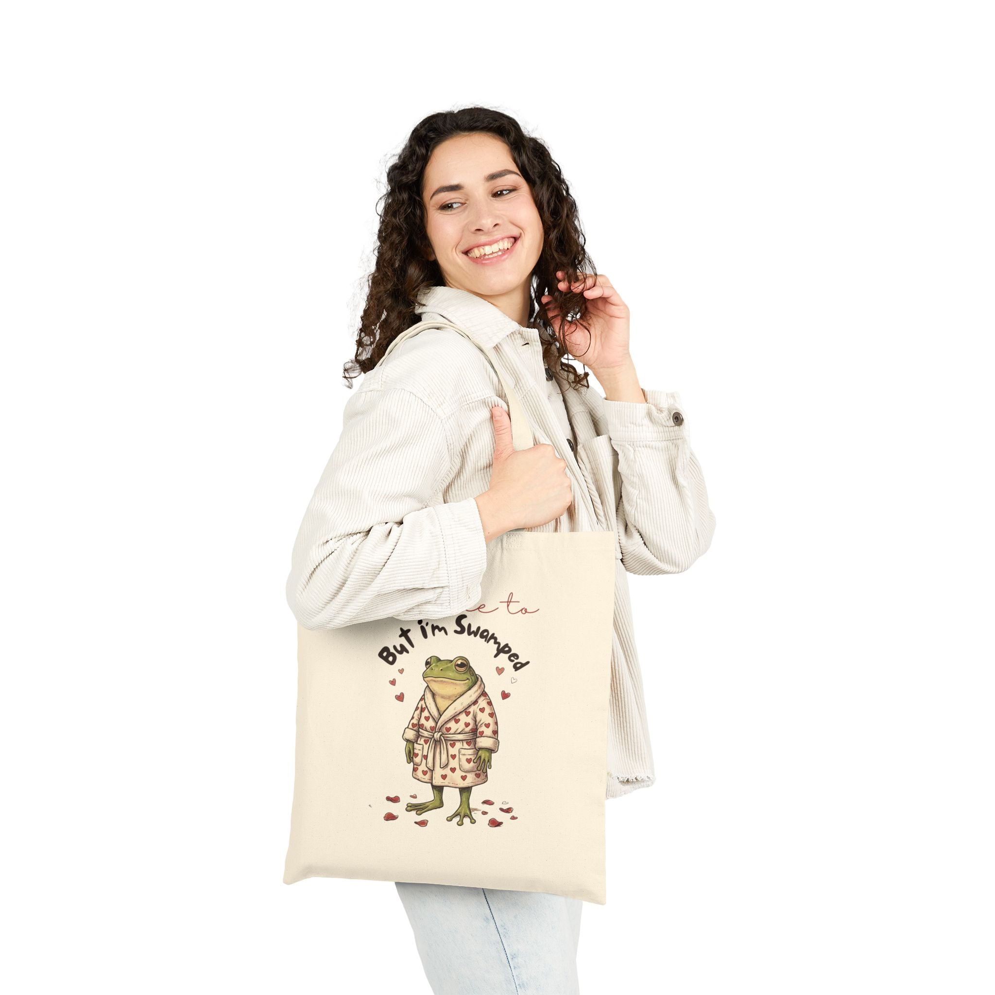 Funny Sarcastic Frog Tote Bag — "I'd Love to But I'm Swamped" Cotton Canvas Reusable