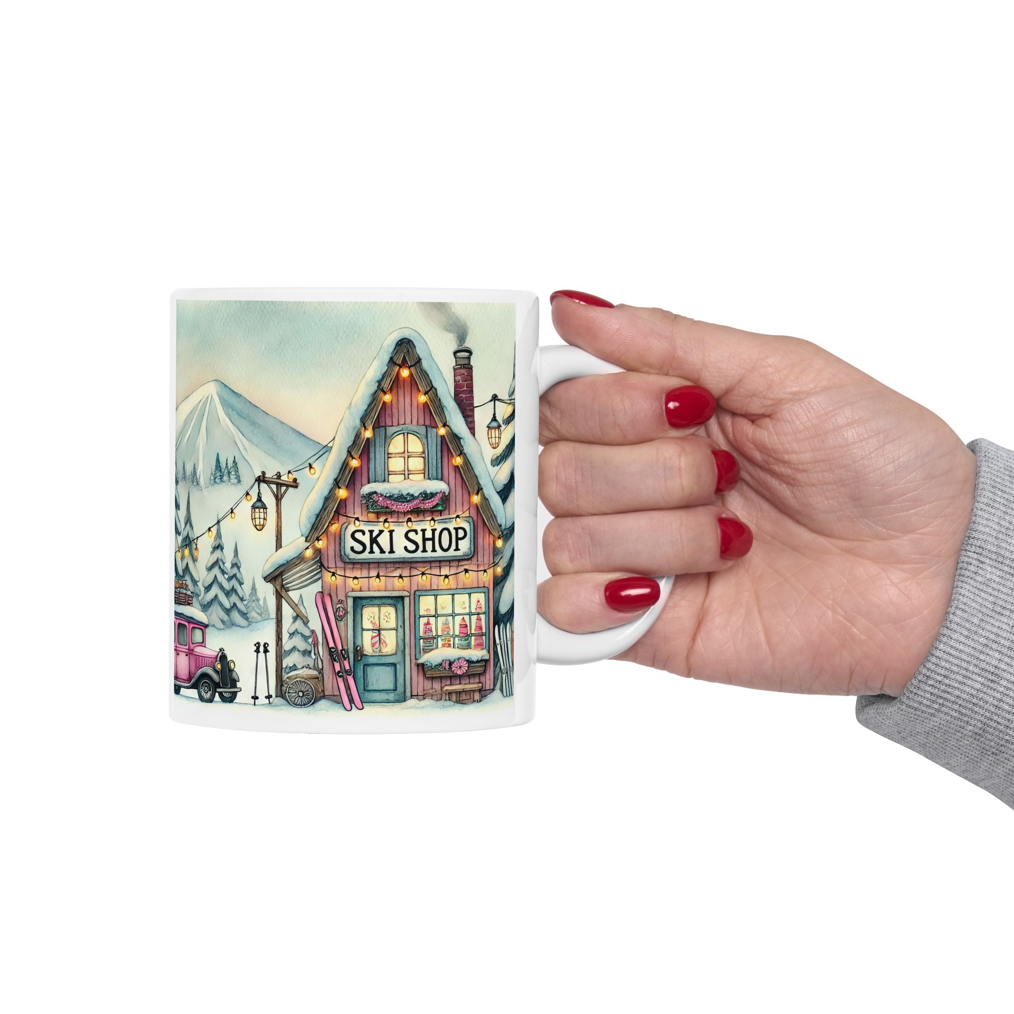 Cozy Holiday Snowy Vintage Ski Shop Winter Village Ceramic Mug  (11oz/15oz)