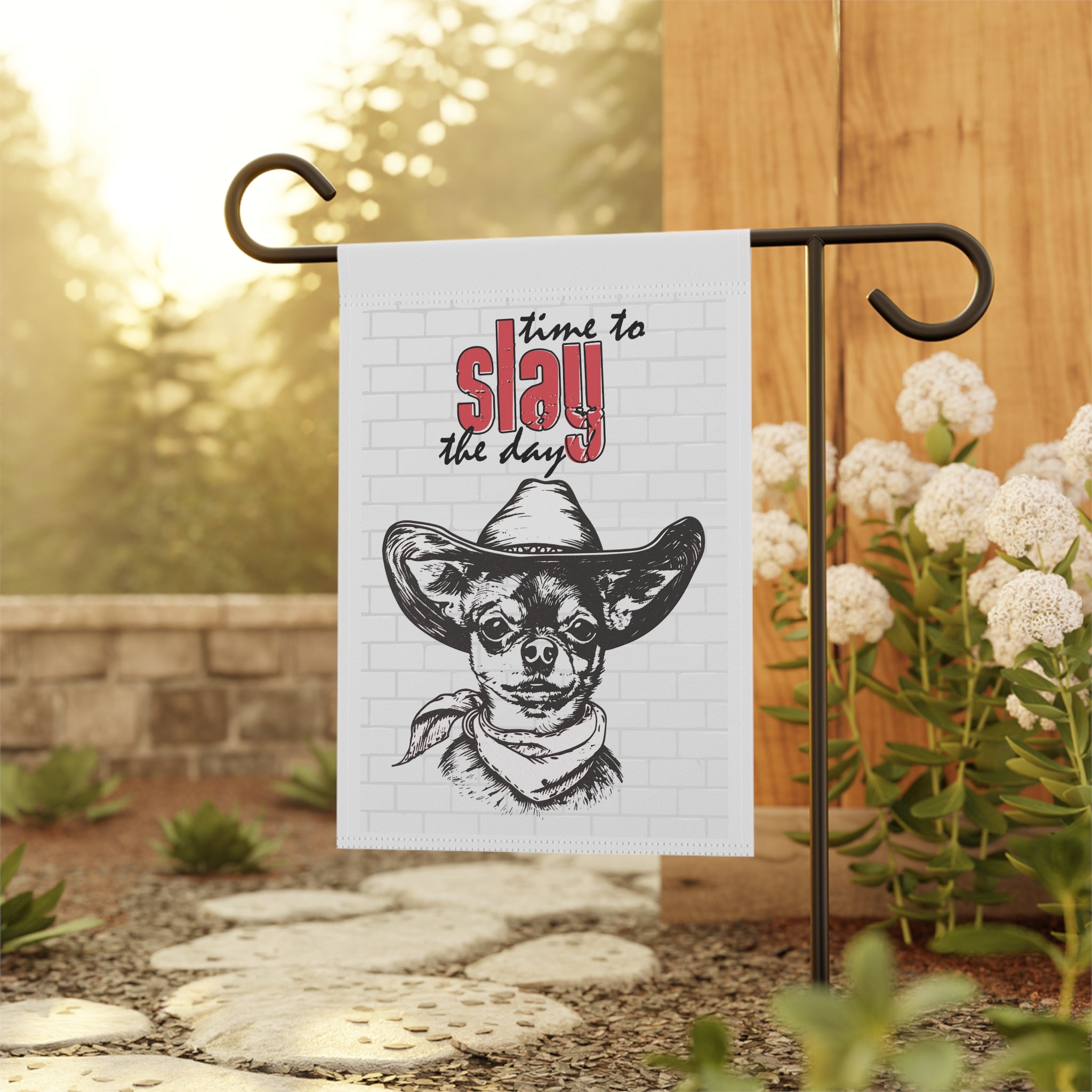 Sassy Chihuahua Western garden flag displayed outdoors on a flag stand