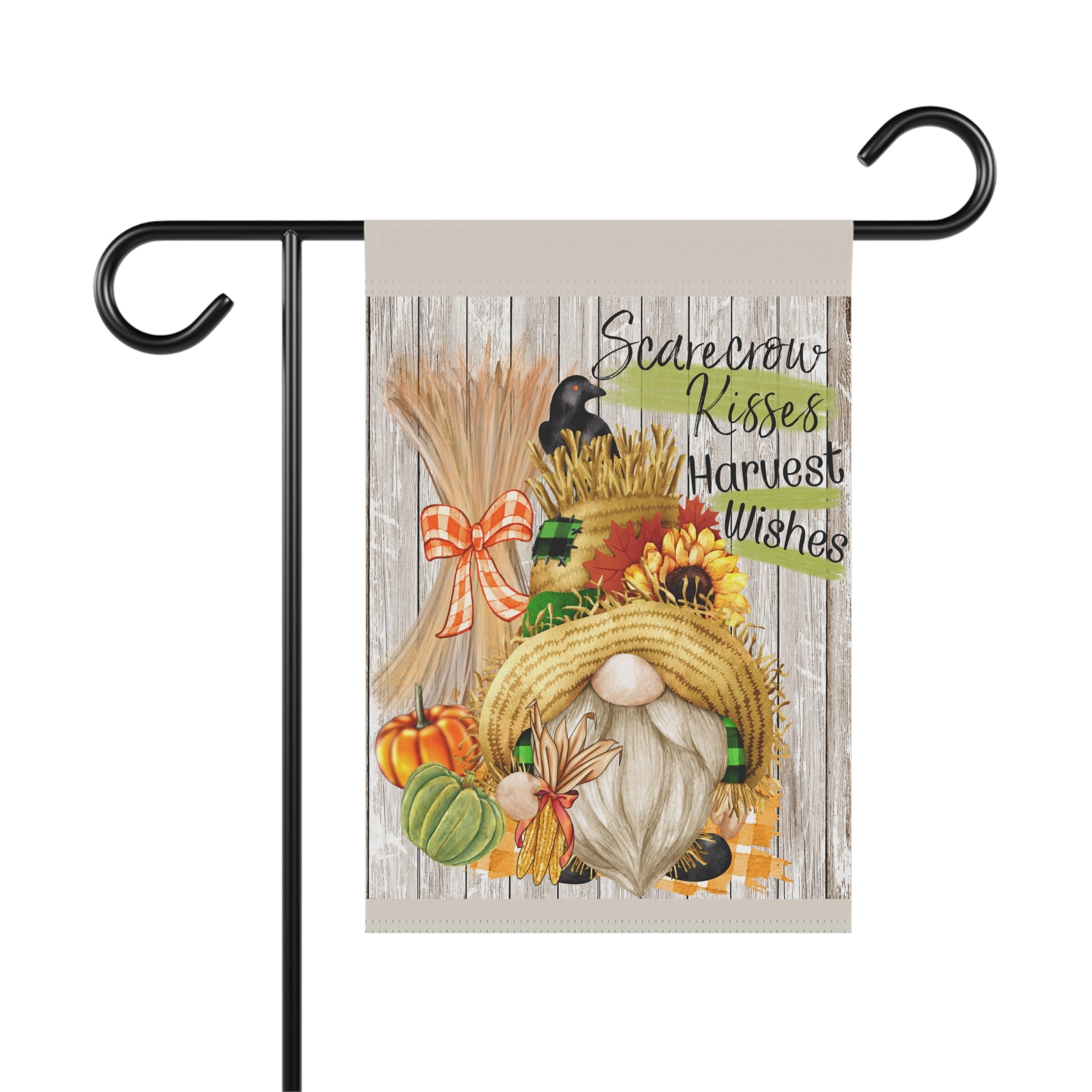 Scarecrow Kisses Harvest Wishes Garden Flag 12x18 – Autumn Gnome Fall House Yard Decor