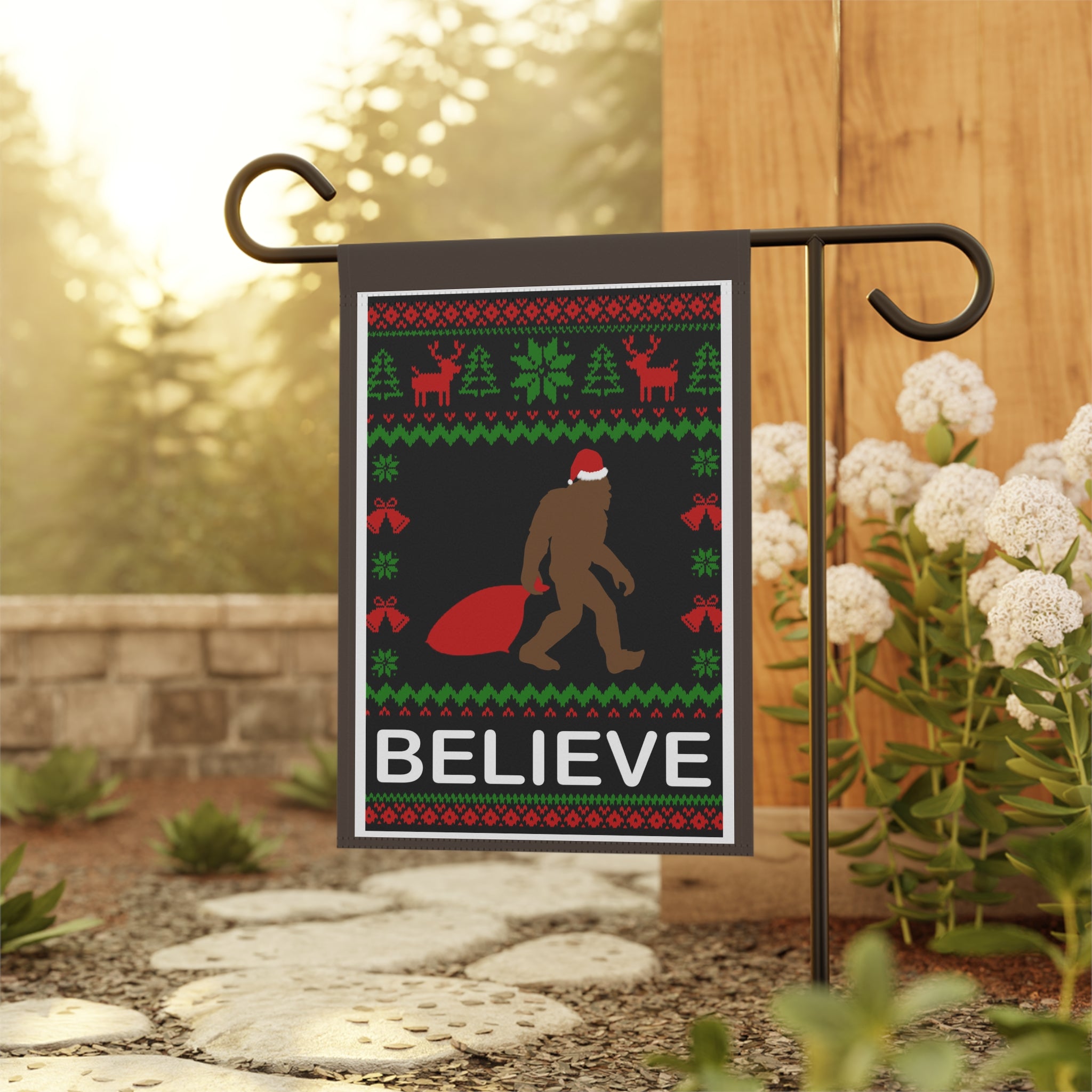 Believe in Christmas and Bigfoot Funny Garden Flag 12x18 Winter House Yard Decor