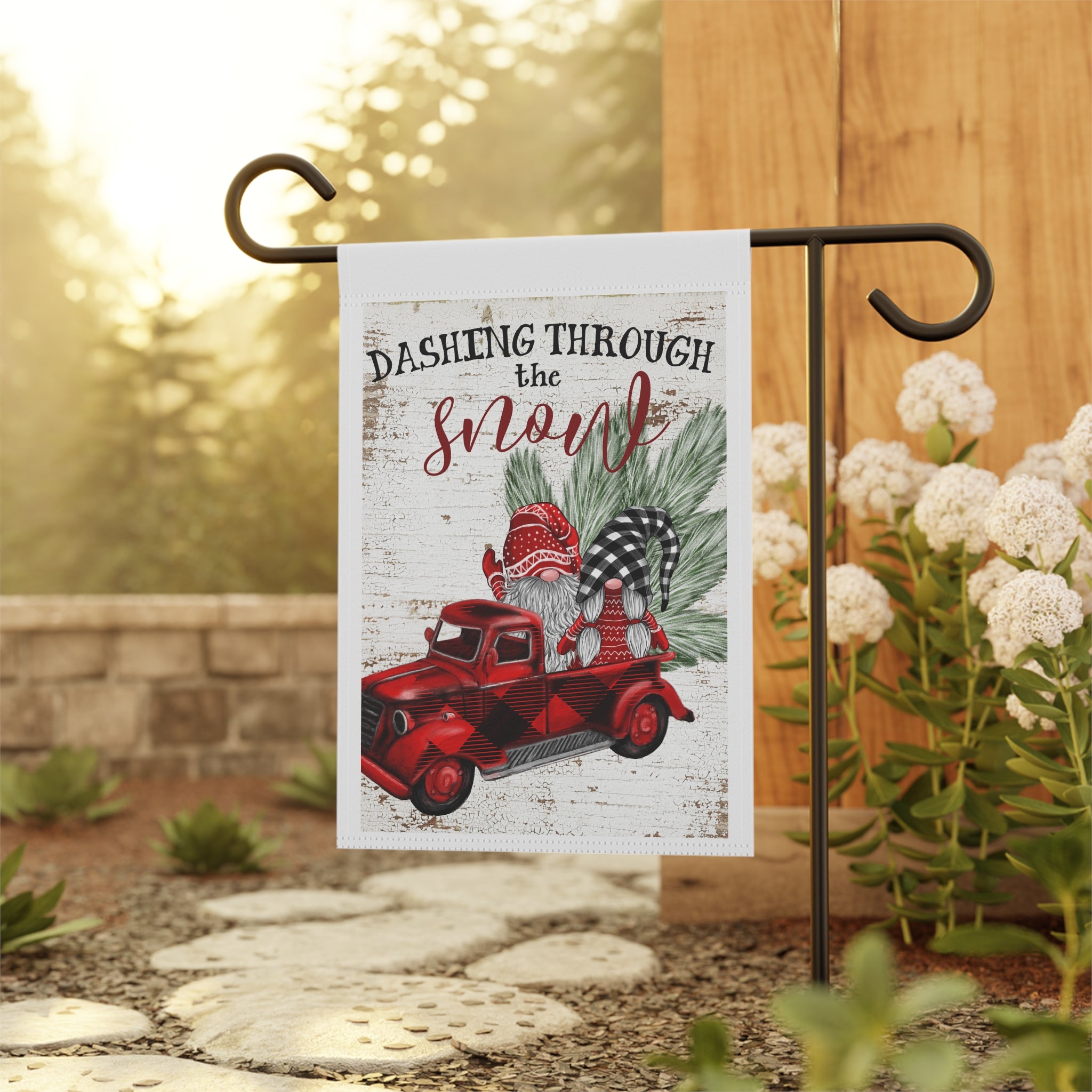 Dashing Through the Snow - Christmas Vintage Pickup Truck Gnome Garden Flag