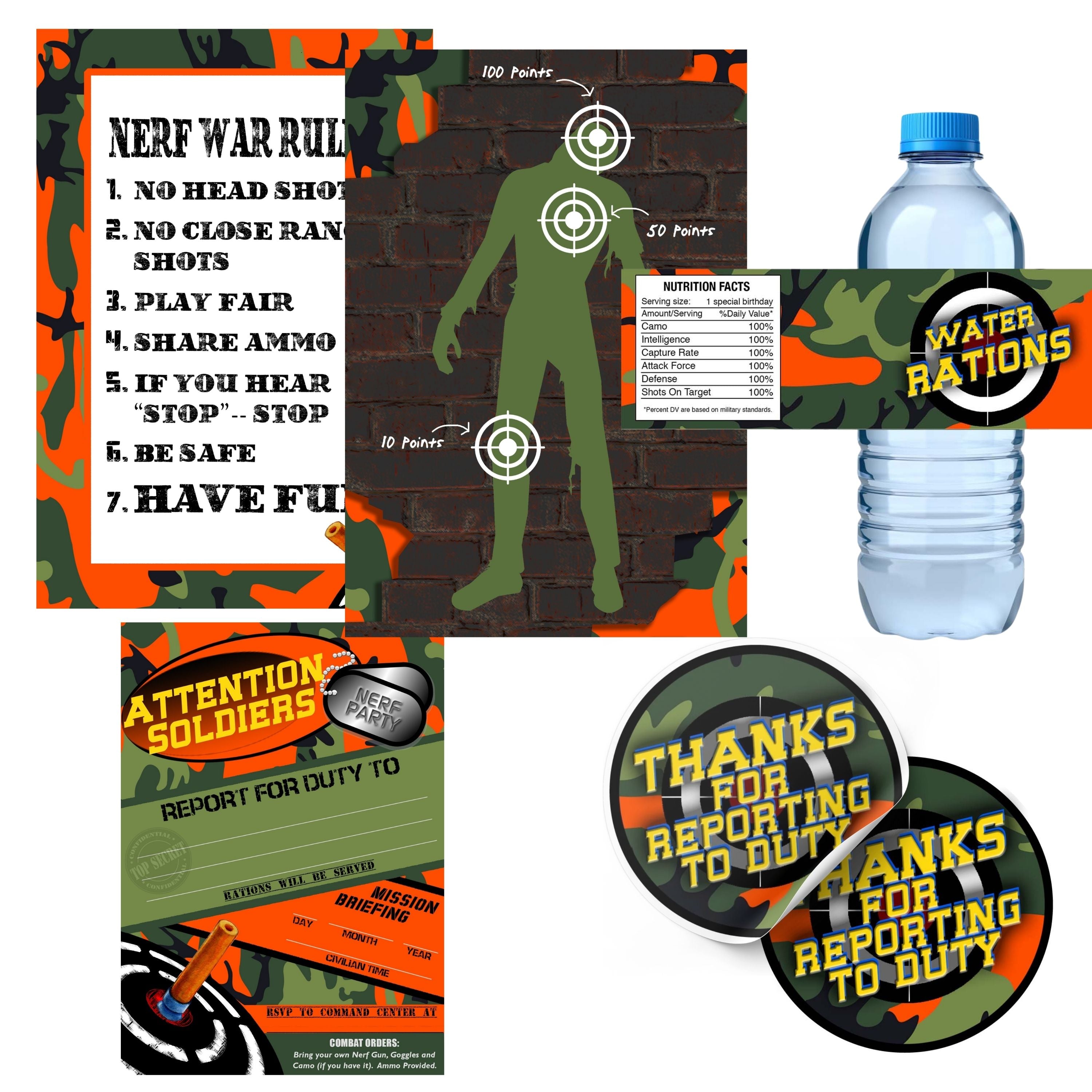 Military dart battle party bundle with invitations, favor stickers, water bottle wraps and target posters