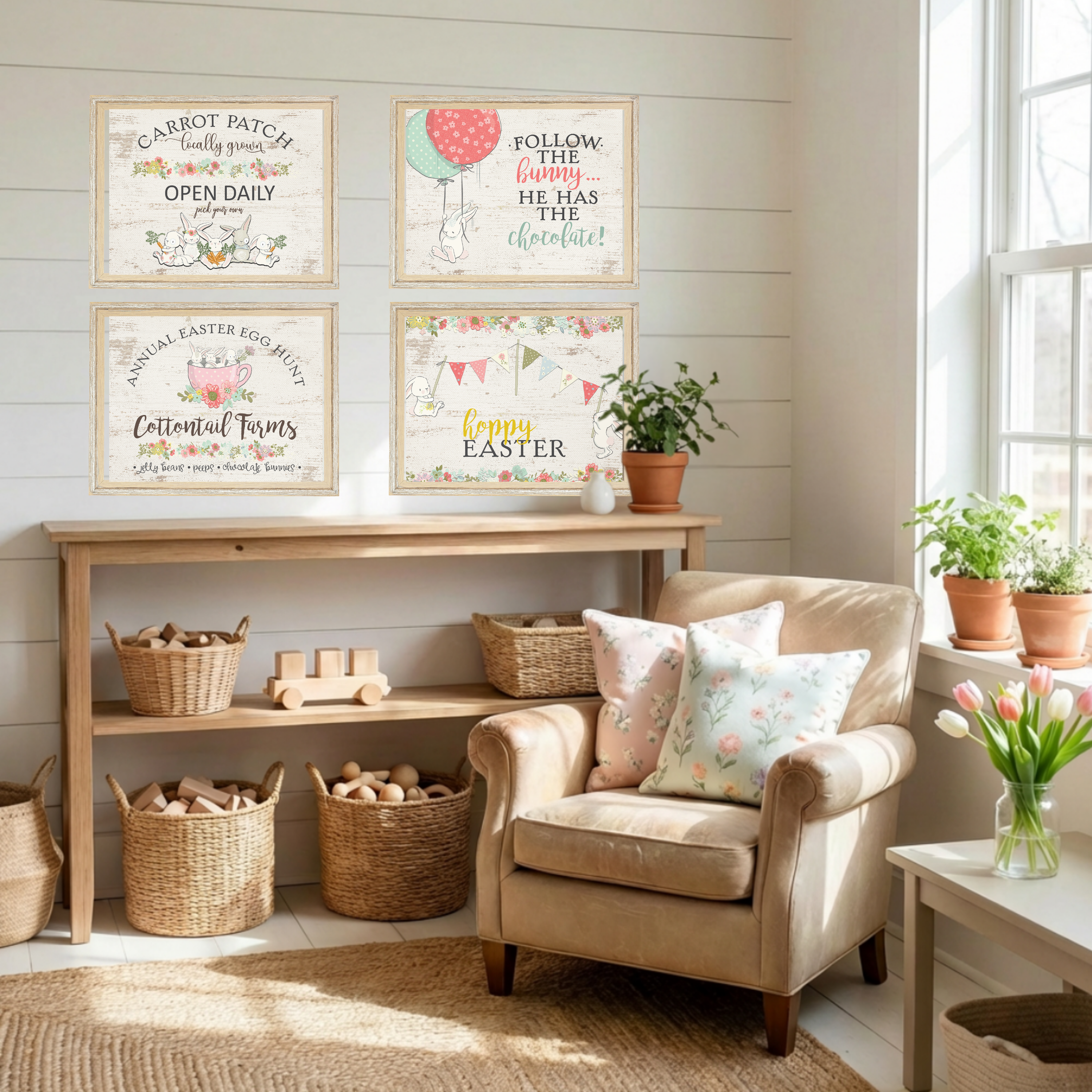 Cottontail Bunny Farms Easter Egg Hunt Wall Art Print Decor (Set of 4) 8x10 - Digital Download