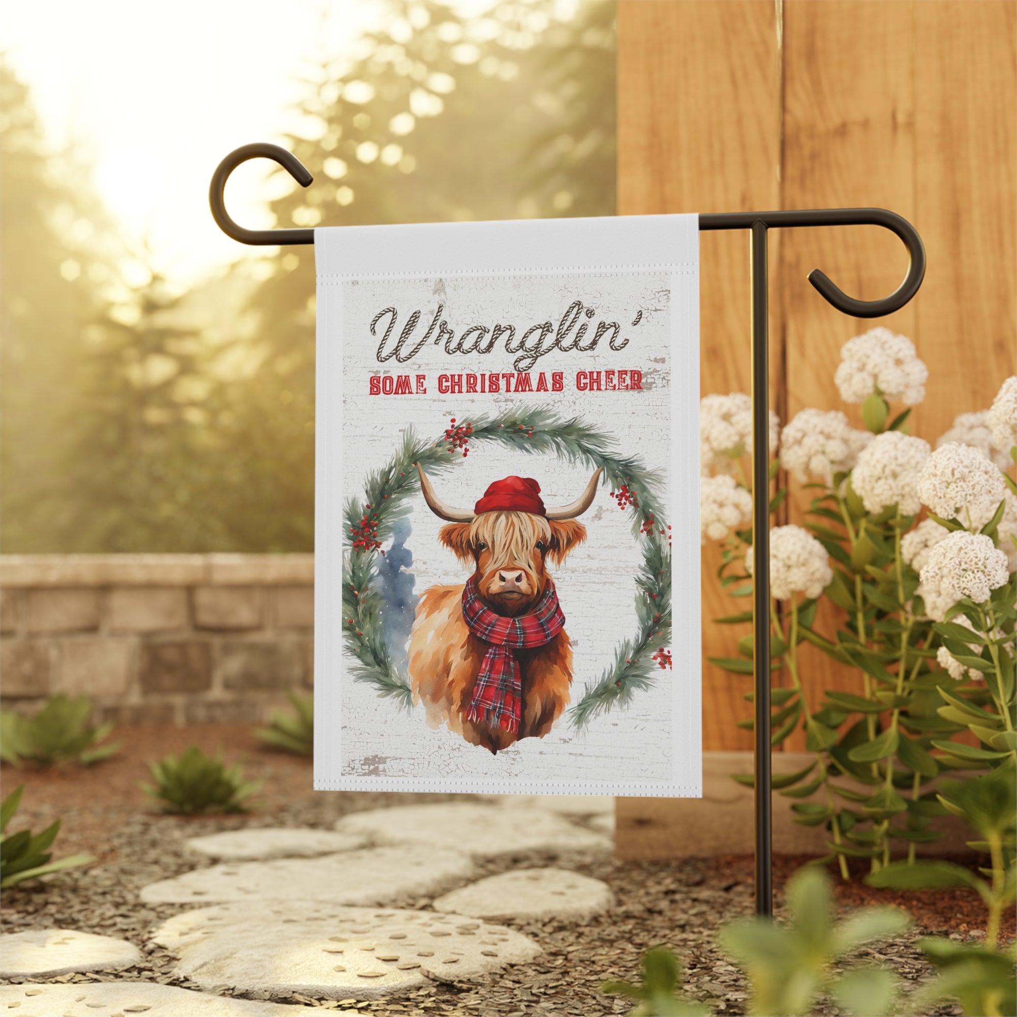 Wranglin' Some Christmas Cheer Highland Cow Garden Flag 12x18 House Yard Decor