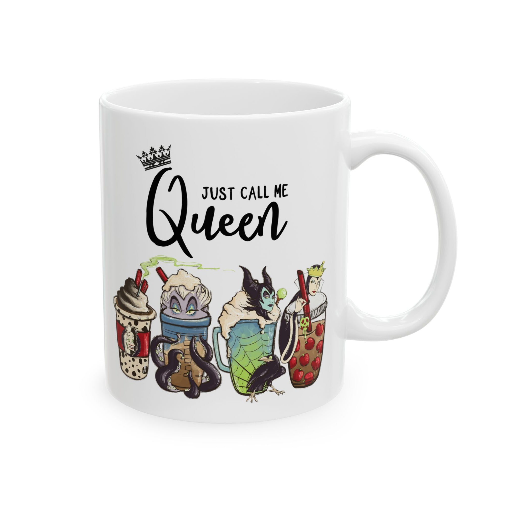 White mug with cartoon characters and 'Just Call Me Queen' text on a white background