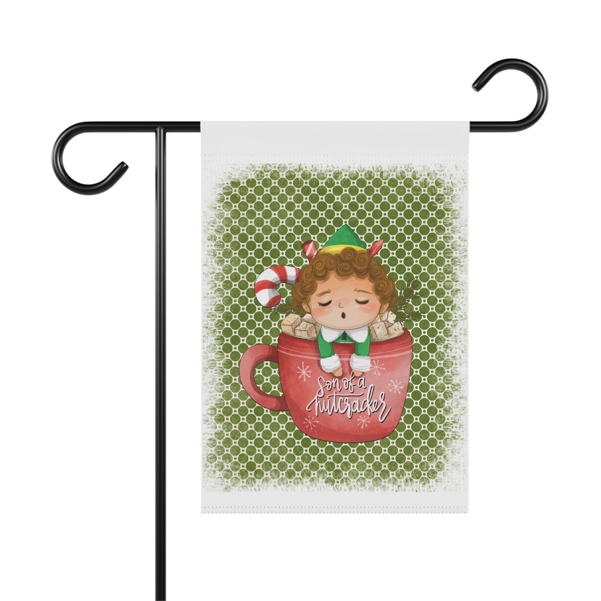 Darling elf sitting in a cocoa mug cute Christmas garden flag, 12x18 winter yard decor
