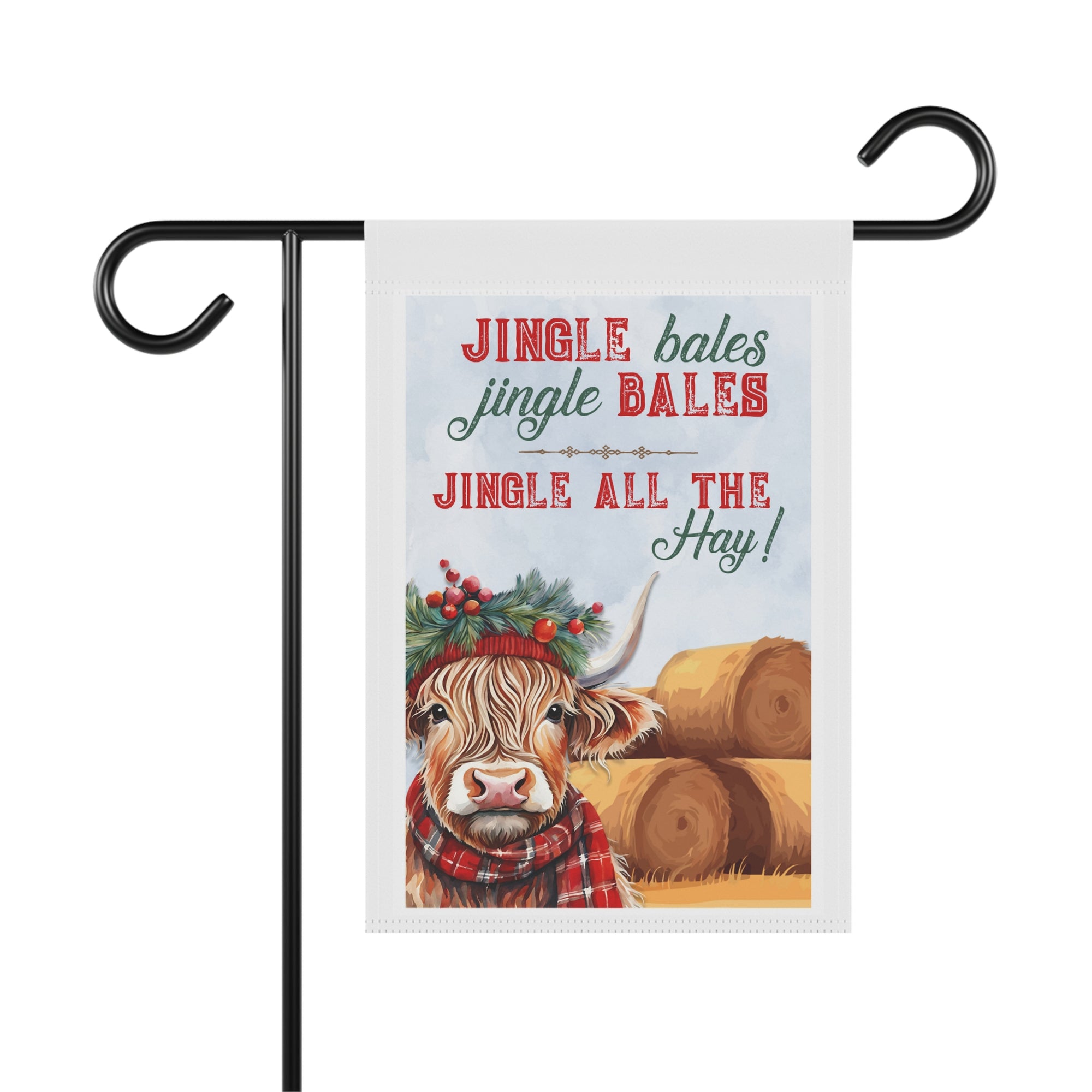 Jingle Bales All the Hay funny Highland cow Christmas garden flag, 12x18 winter yard decor
