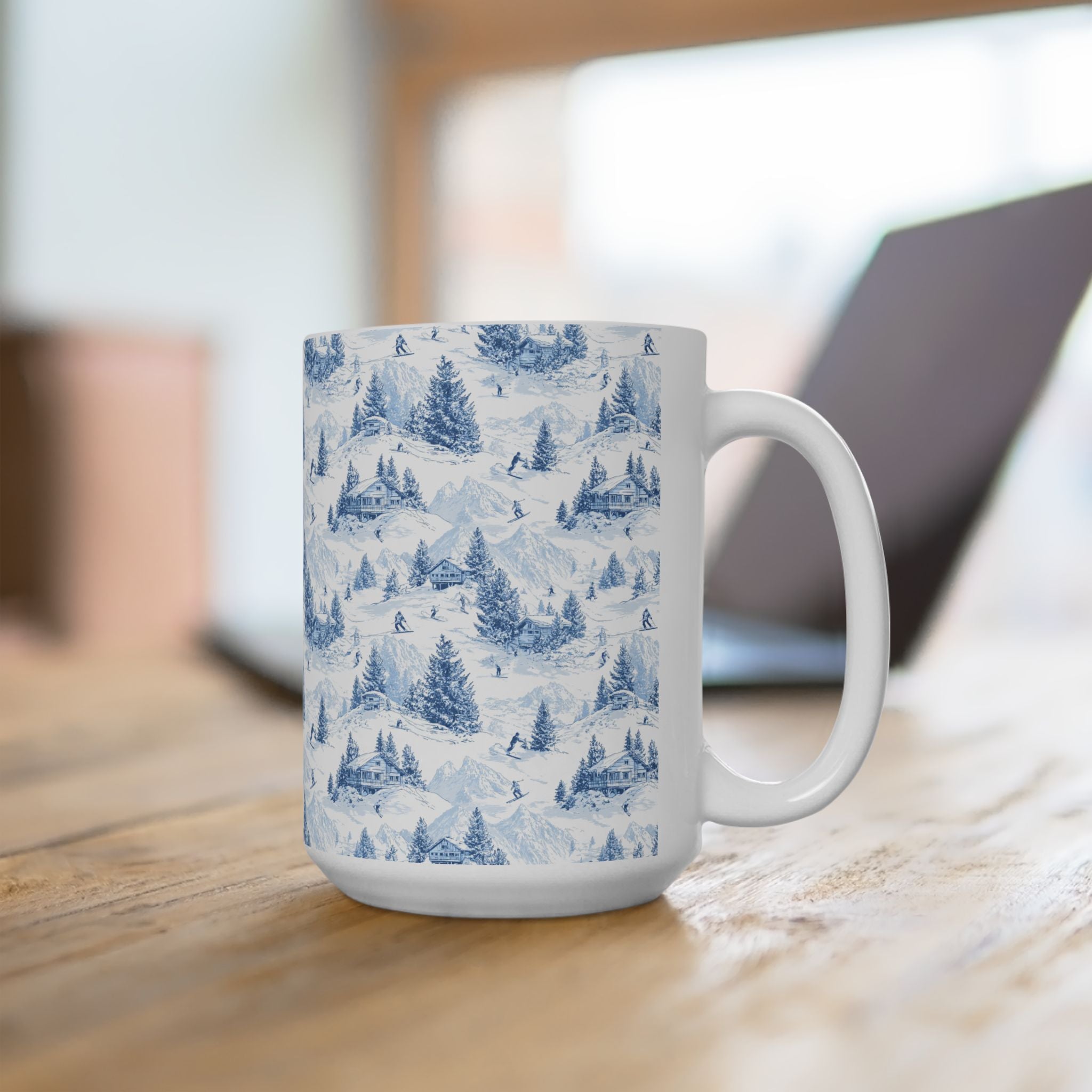 Winter Pines Ceramic Mug — Blue Snowy Ski Mountain Forest Coffee Cup (11oz, 15oz)