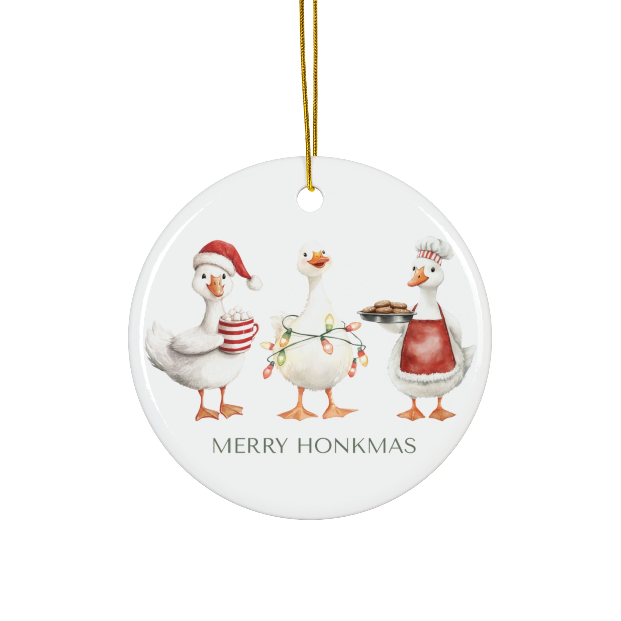 Round Christmas ornament with three cartoon ducks wearing festive clothing and lights, with 'Merry Honkmas' text.