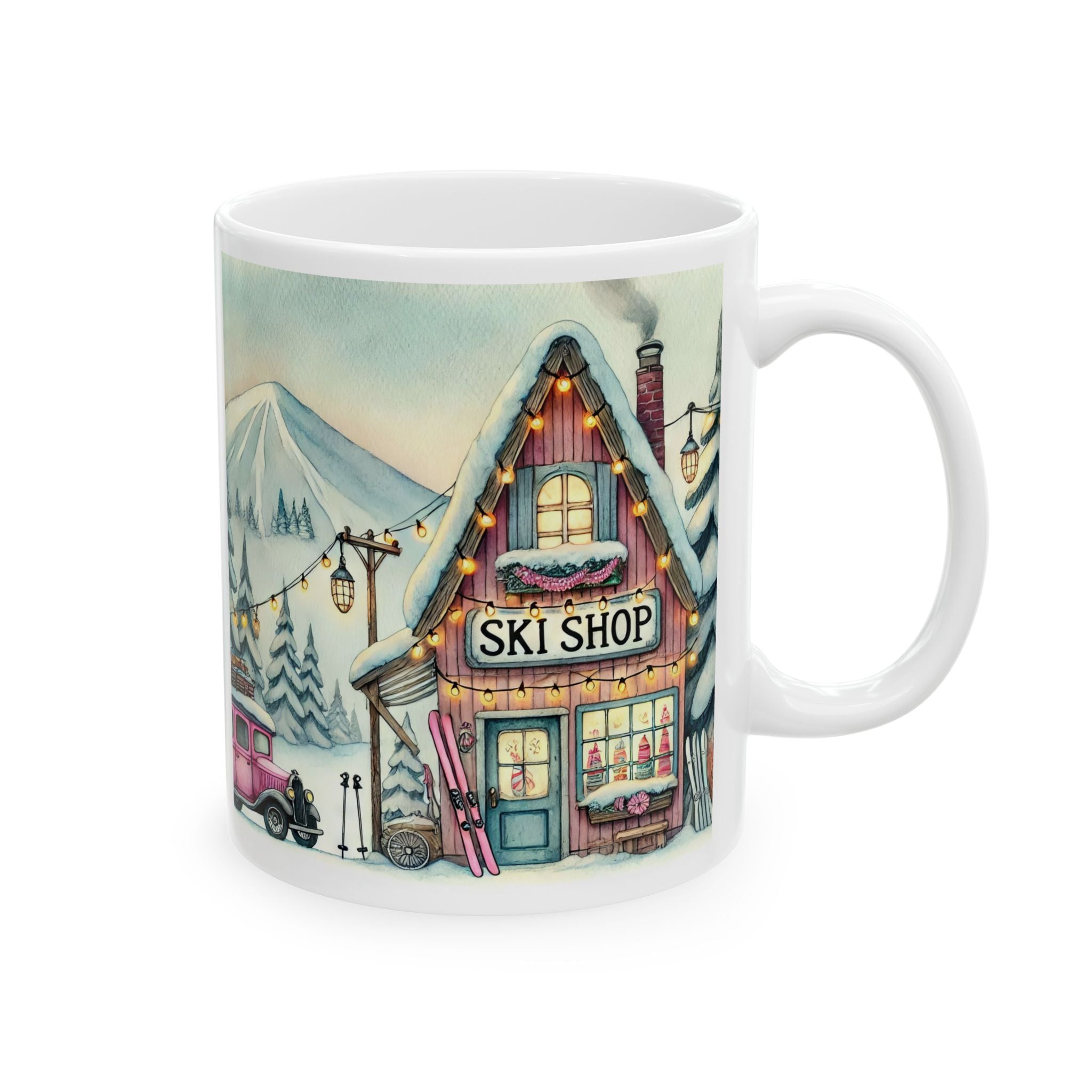 Cozy Holiday Snowy Vintage Ski Shop Winter Village Ceramic Mug  (11oz/15oz)
