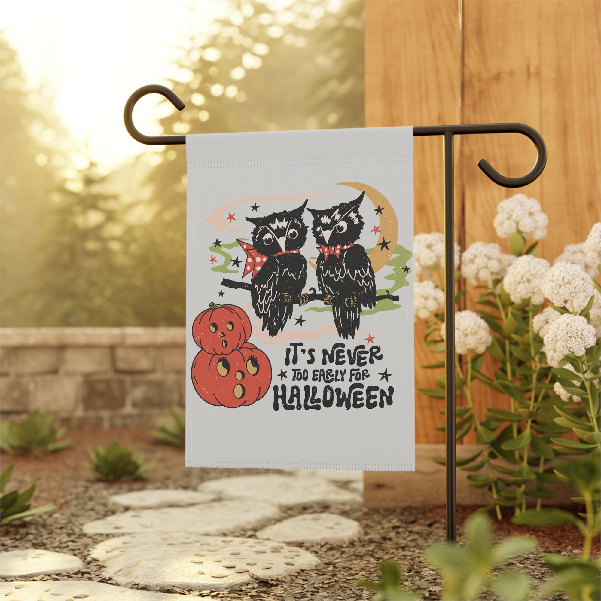 It's Never Too Early For Halloween Garden Flag 12x18 – Vintage Owl Fall Yard Decor