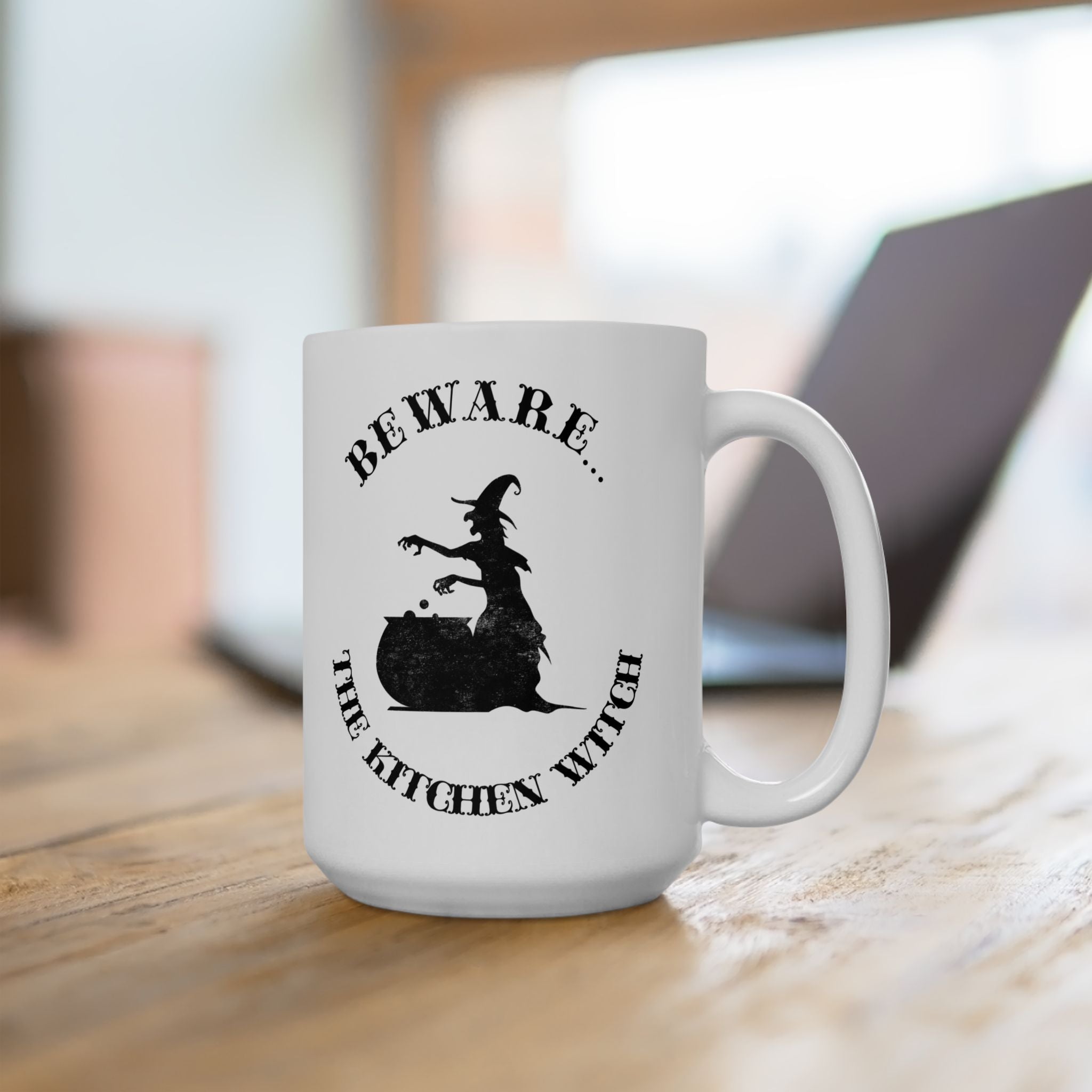 Beware The Kitchen Witch - Funny Cauldron Halloween Mug Drinkware Design (11oz, 15oz)