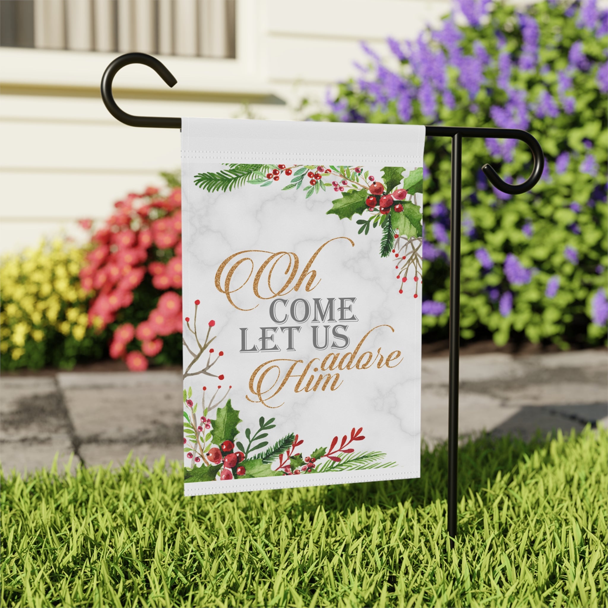 Oh Come Let Us Adore Him Christmas Garden Flag 12x18 – Vintage Heritage Floral Winter Yard Decor