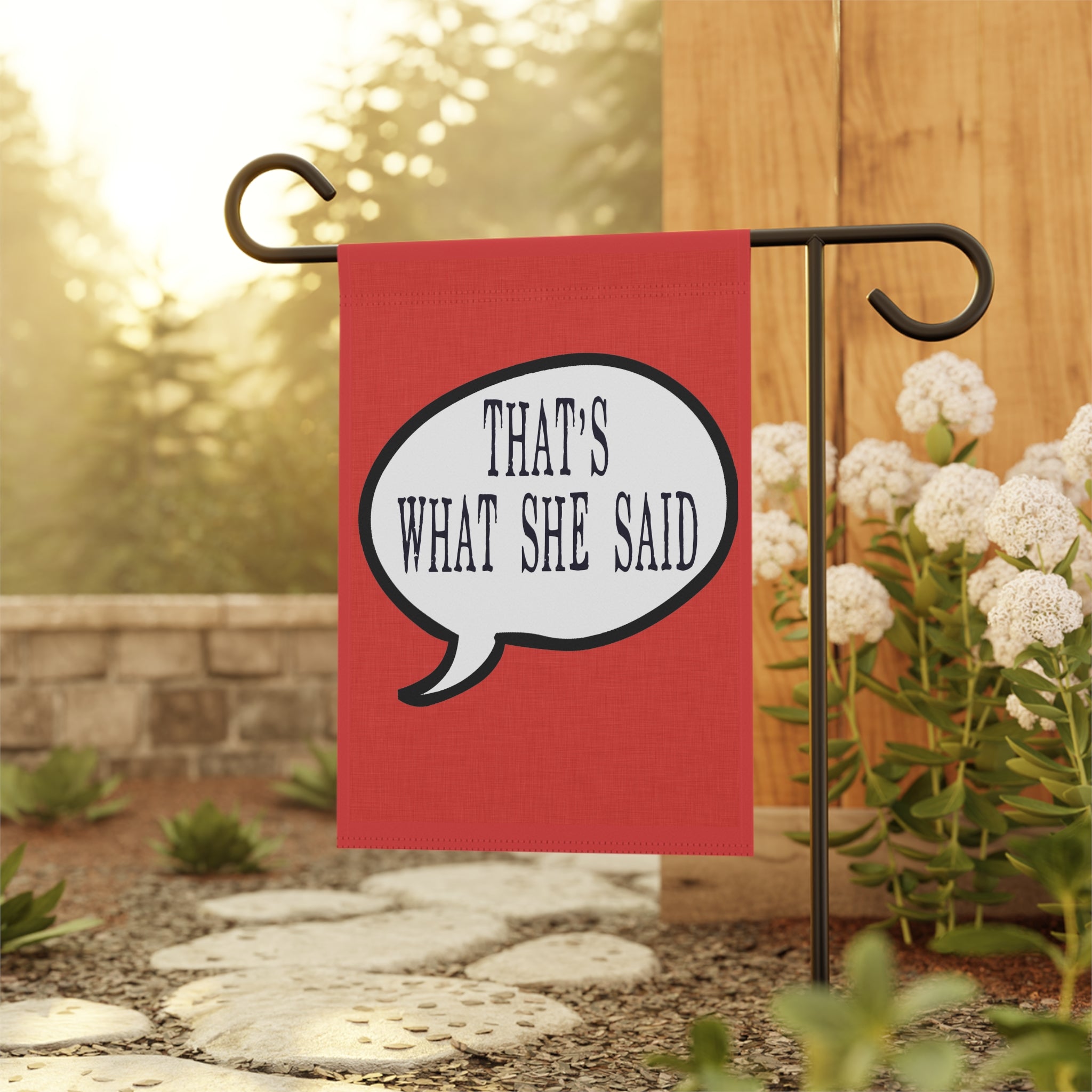 Sassy office humor garden flag displayed outdoors on a porch flag stand