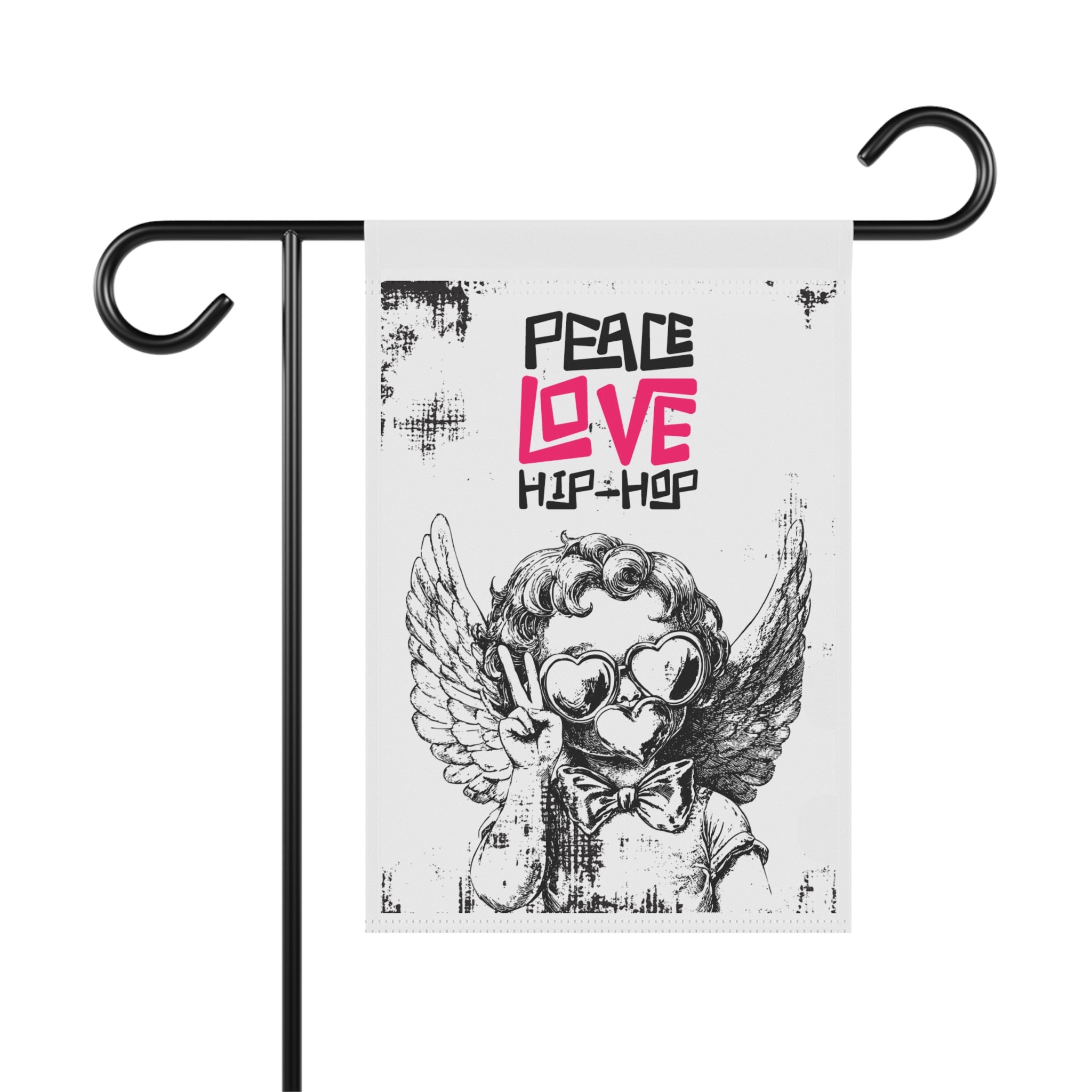 Peace Love Hip Hop retro 90s music garden flag with boombox design