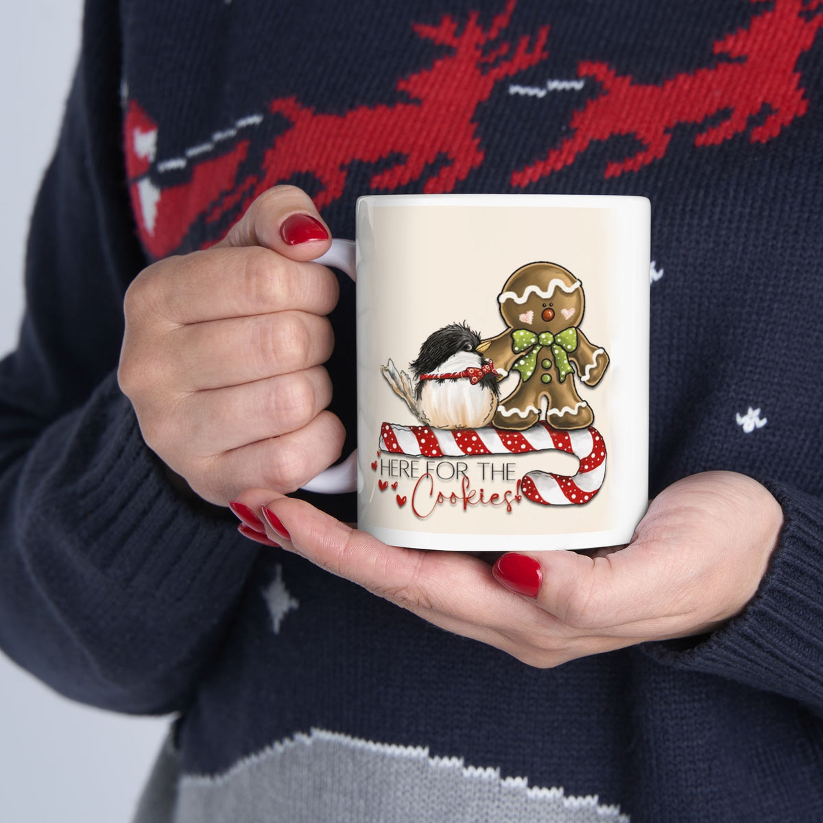 Here For The Cookies - Cute Gingerbread Bird Christmas Mug Drinkware Design (11oz, 15oz)