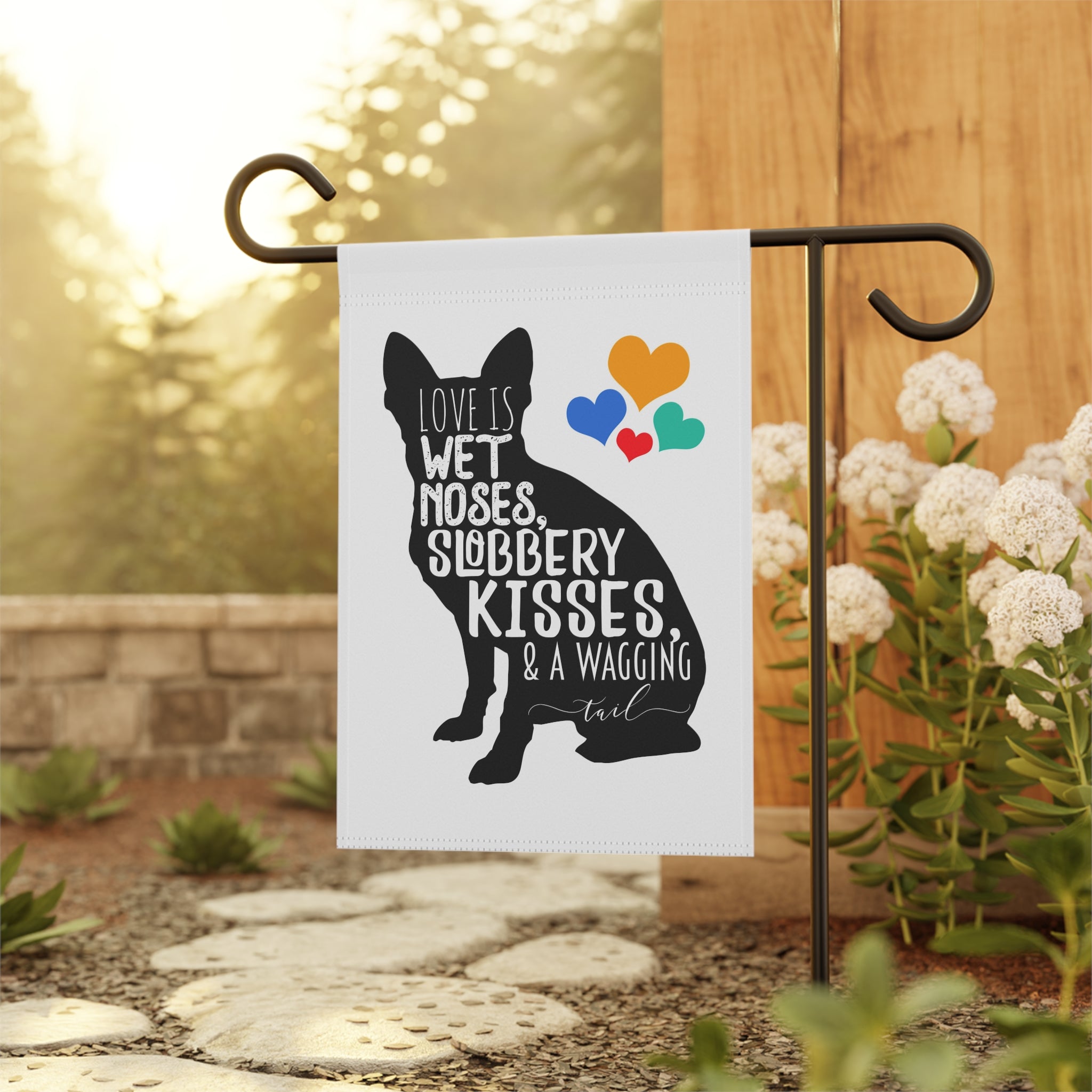 Sweet all-breed dog love garden flag displayed outdoors on a porch flag stand