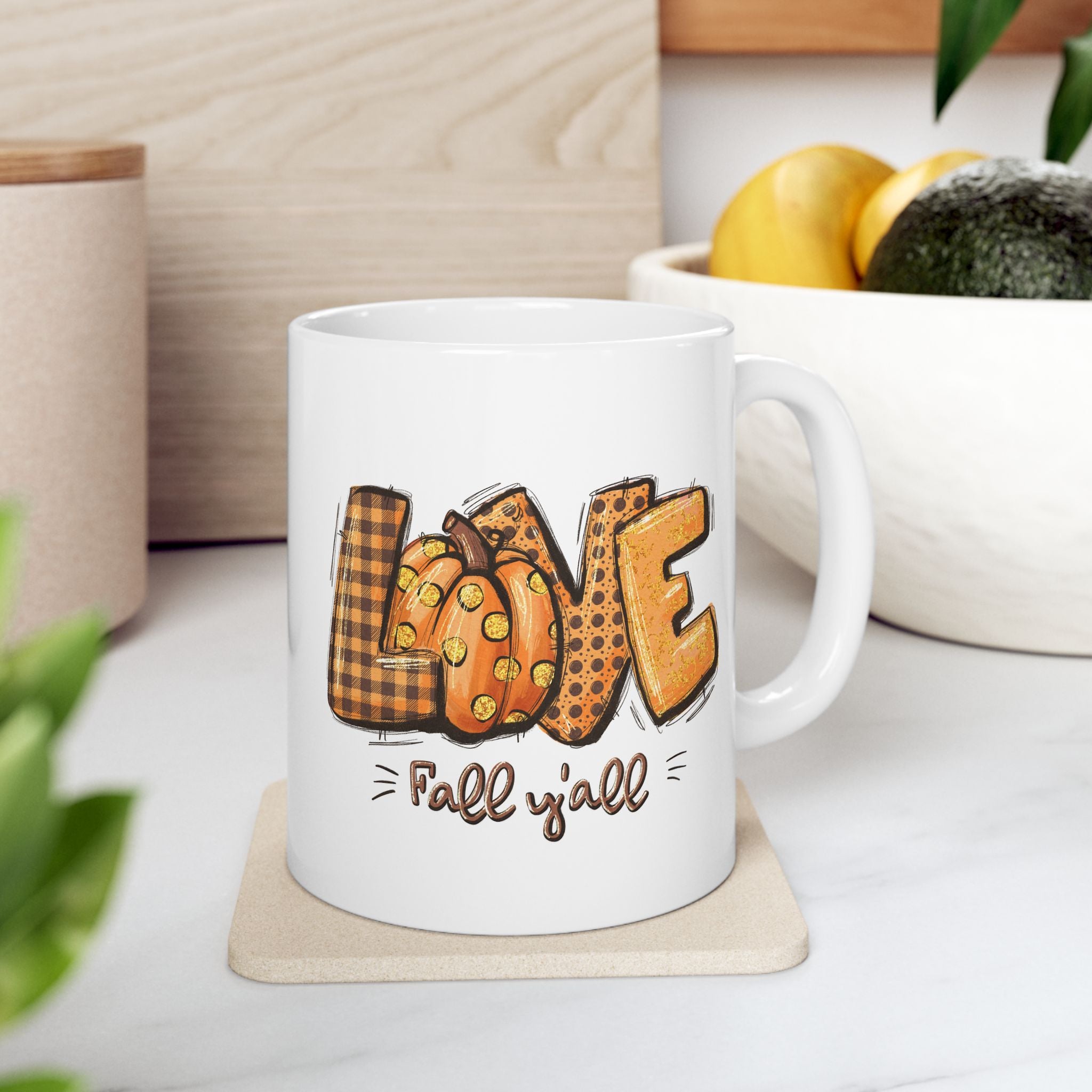 LOVE Fall Y'all – Buffalo Plaid Pumpkin Autumn Coffee Mug (11oz, 15oz)