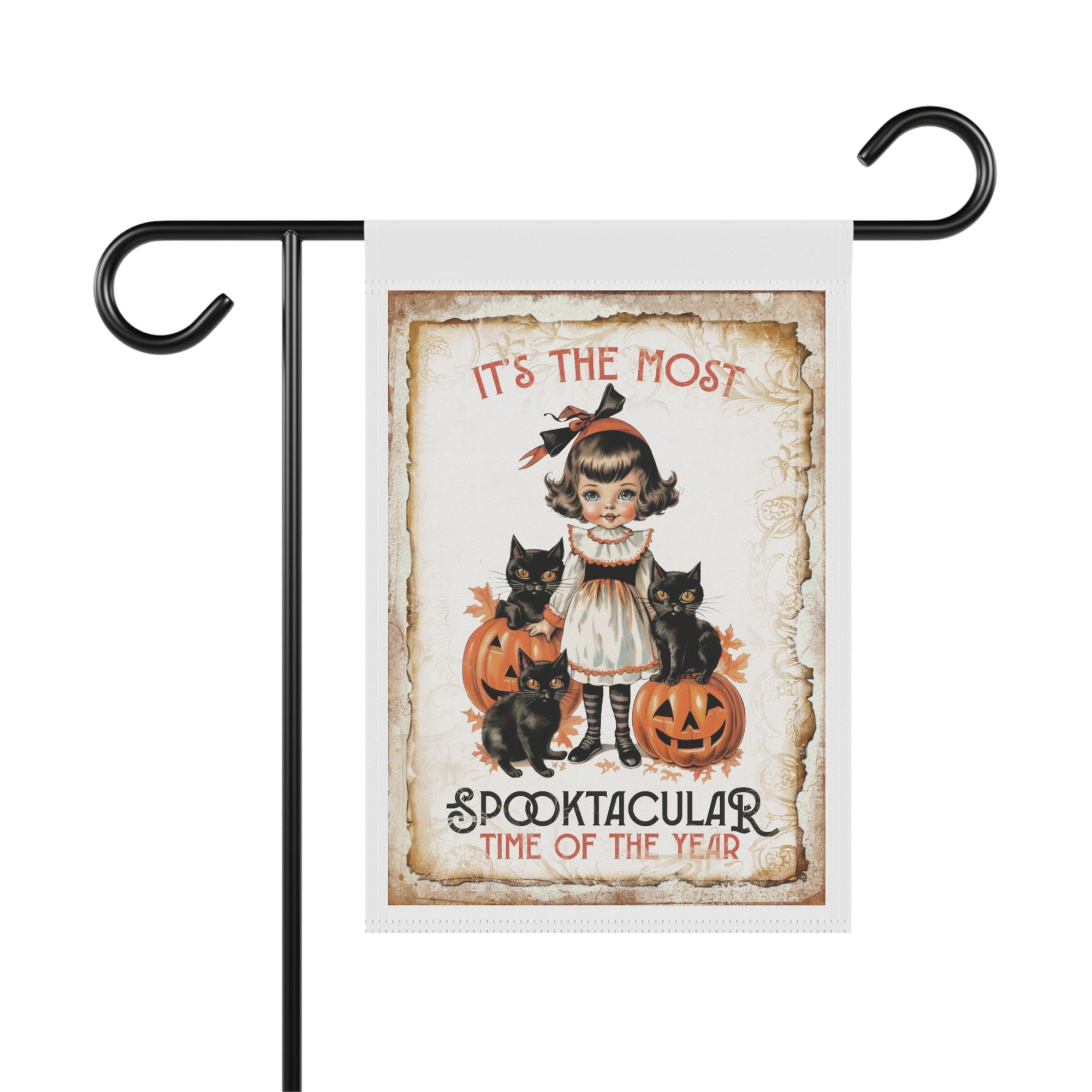 Most Spooktacular Time of Year vintage girl and black cat Halloween garden flag, 12x18 yard decor