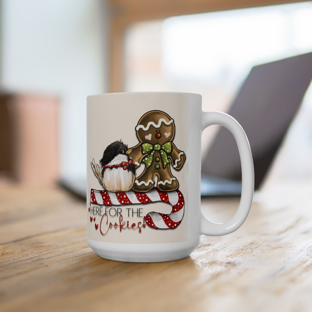 Here For The Cookies - Cute Gingerbread Bird Christmas Mug Drinkware Design (11oz, 15oz)