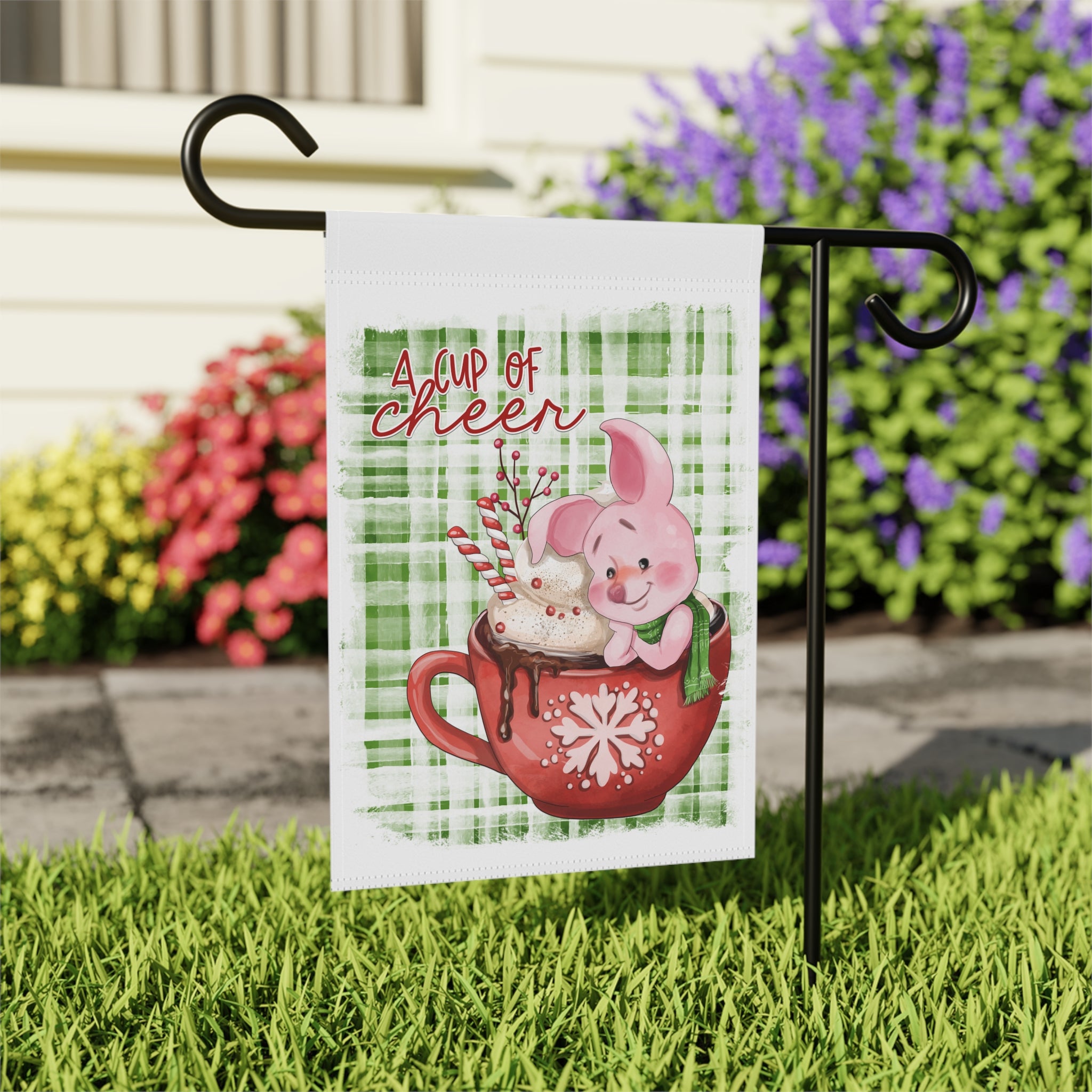 Cup of Cheer Cocoa Mug Christmas Garden Flag 12x18 – Cute Pig House Yard Decor