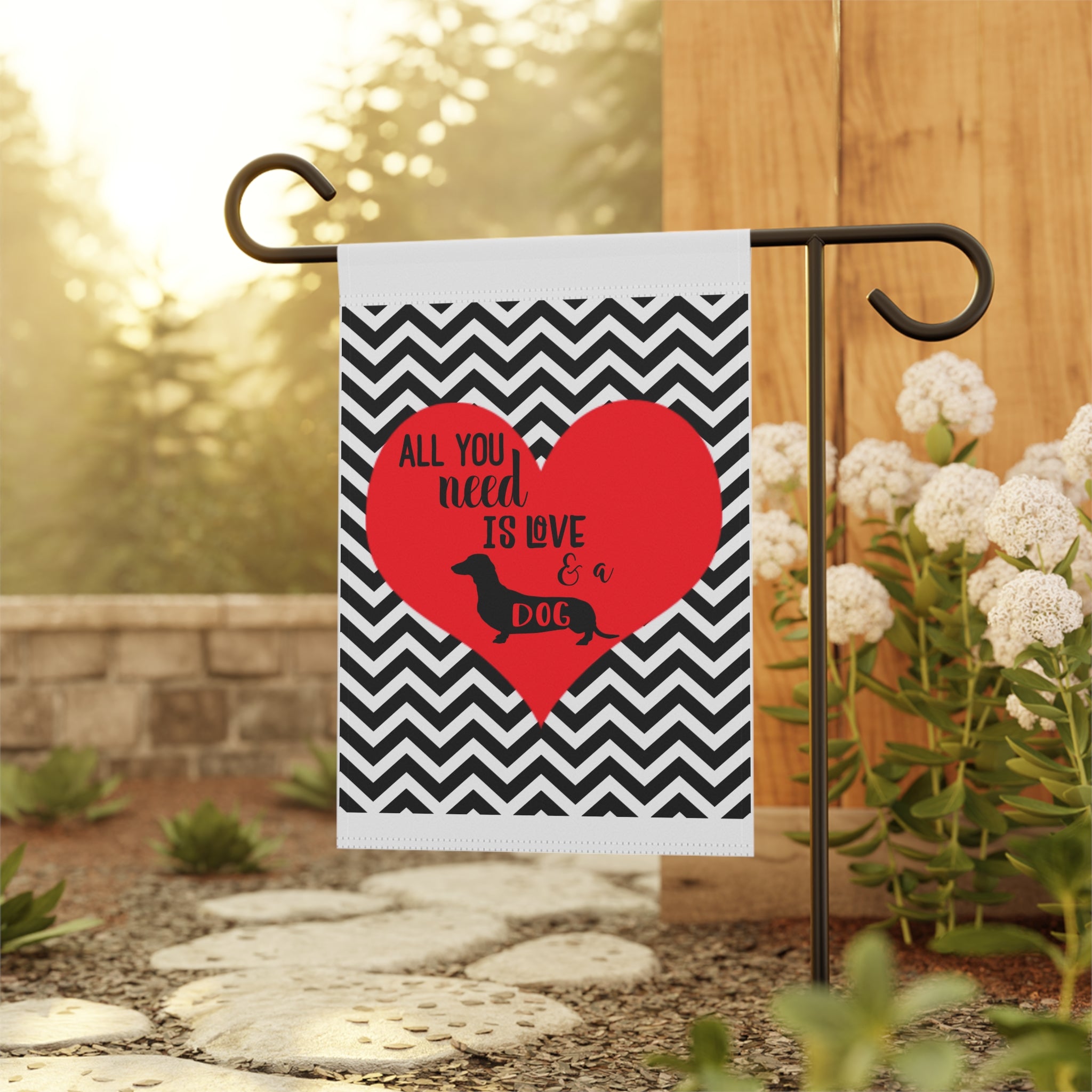 Sweet Dachshund love garden flag displayed outdoors on a porch flag stand
