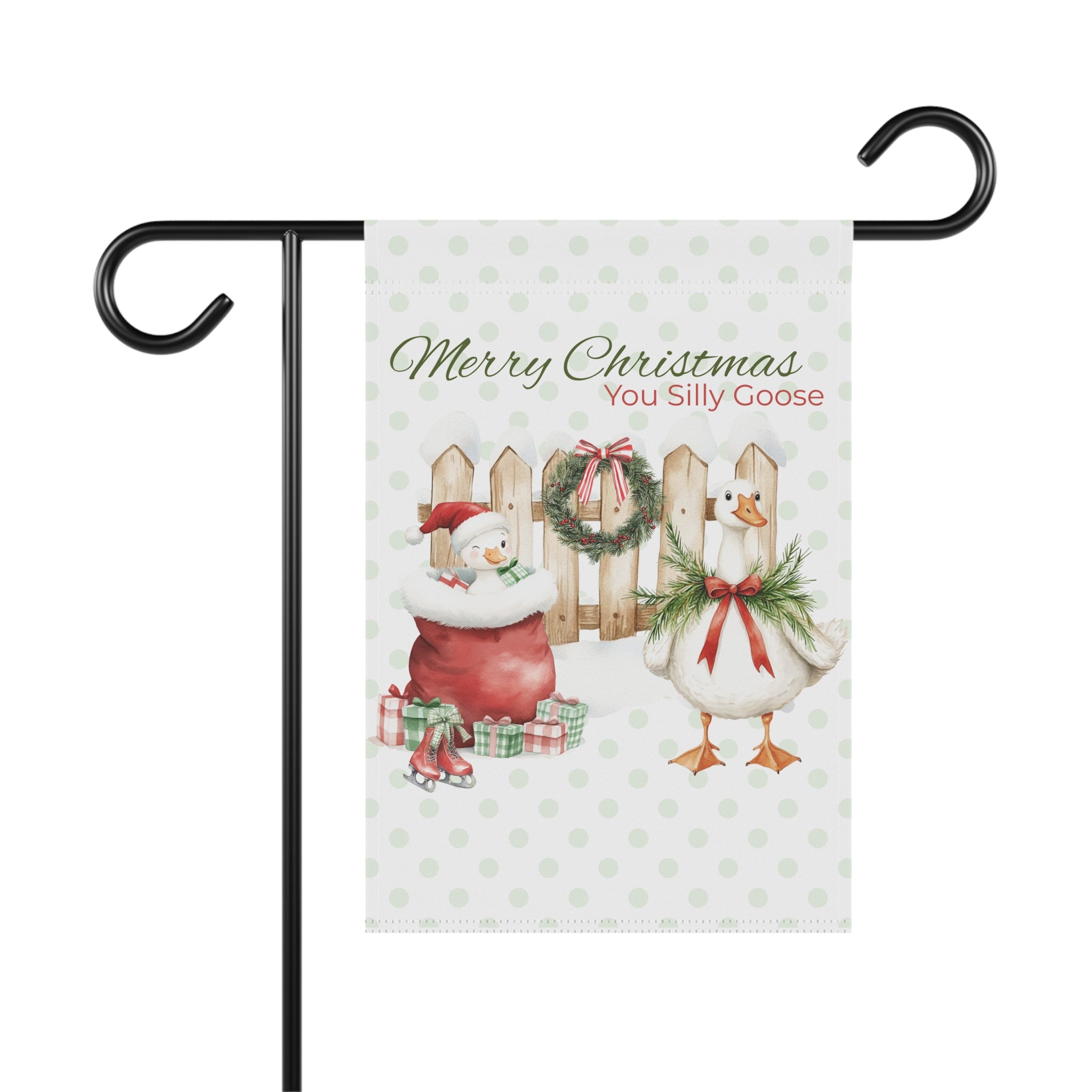 Christmas-themed garden flag with Santa Claus and a goose, featuring text 'Merry Christmas You Silly Goose'.