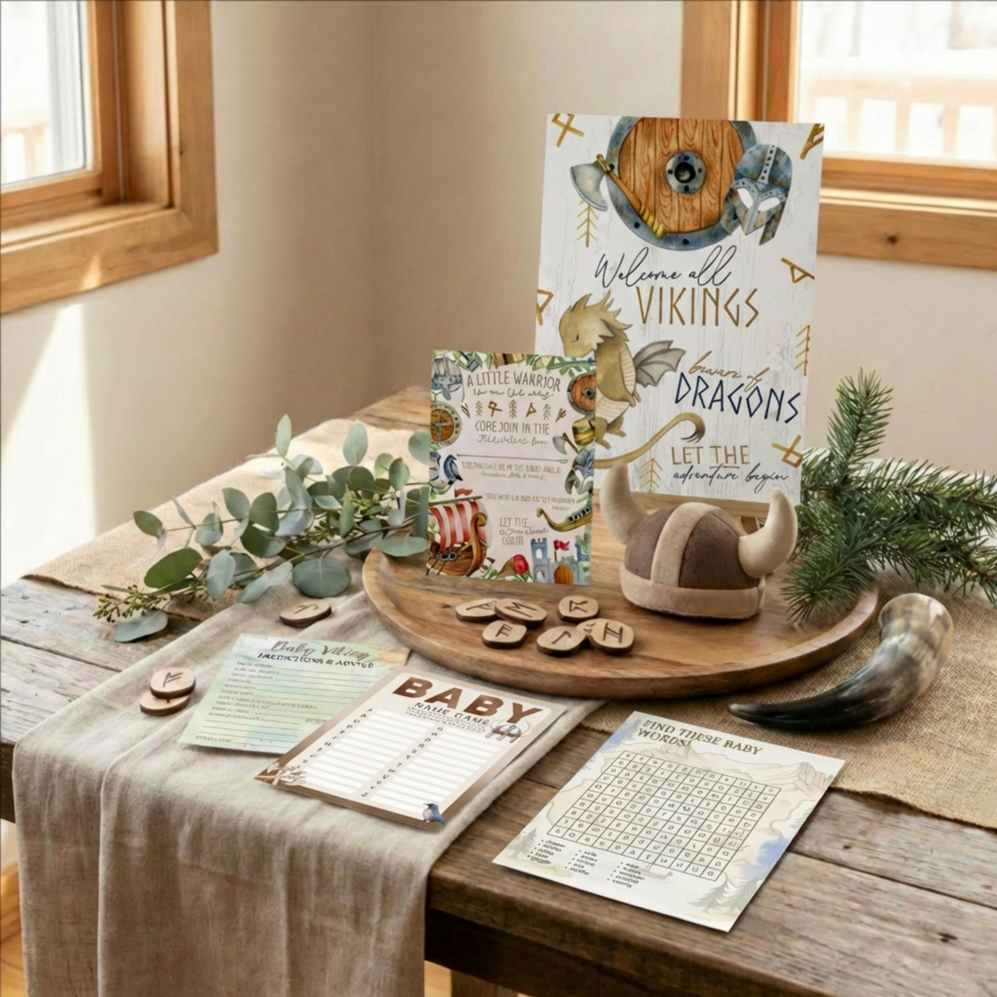 Wooden table with baby shower decorations, including a sign and games, in a home setting.